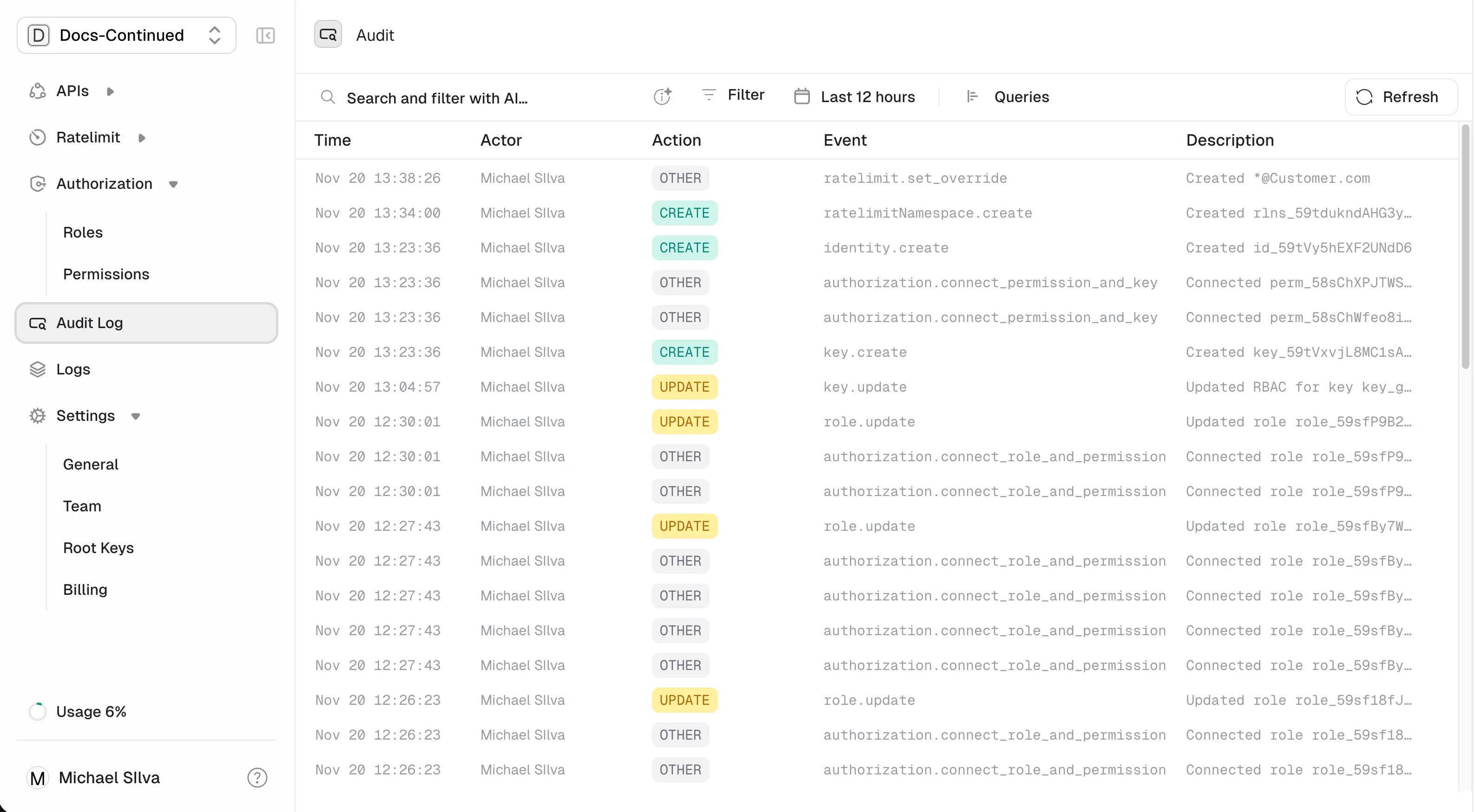 Audit log entries in the Unkey dashboard