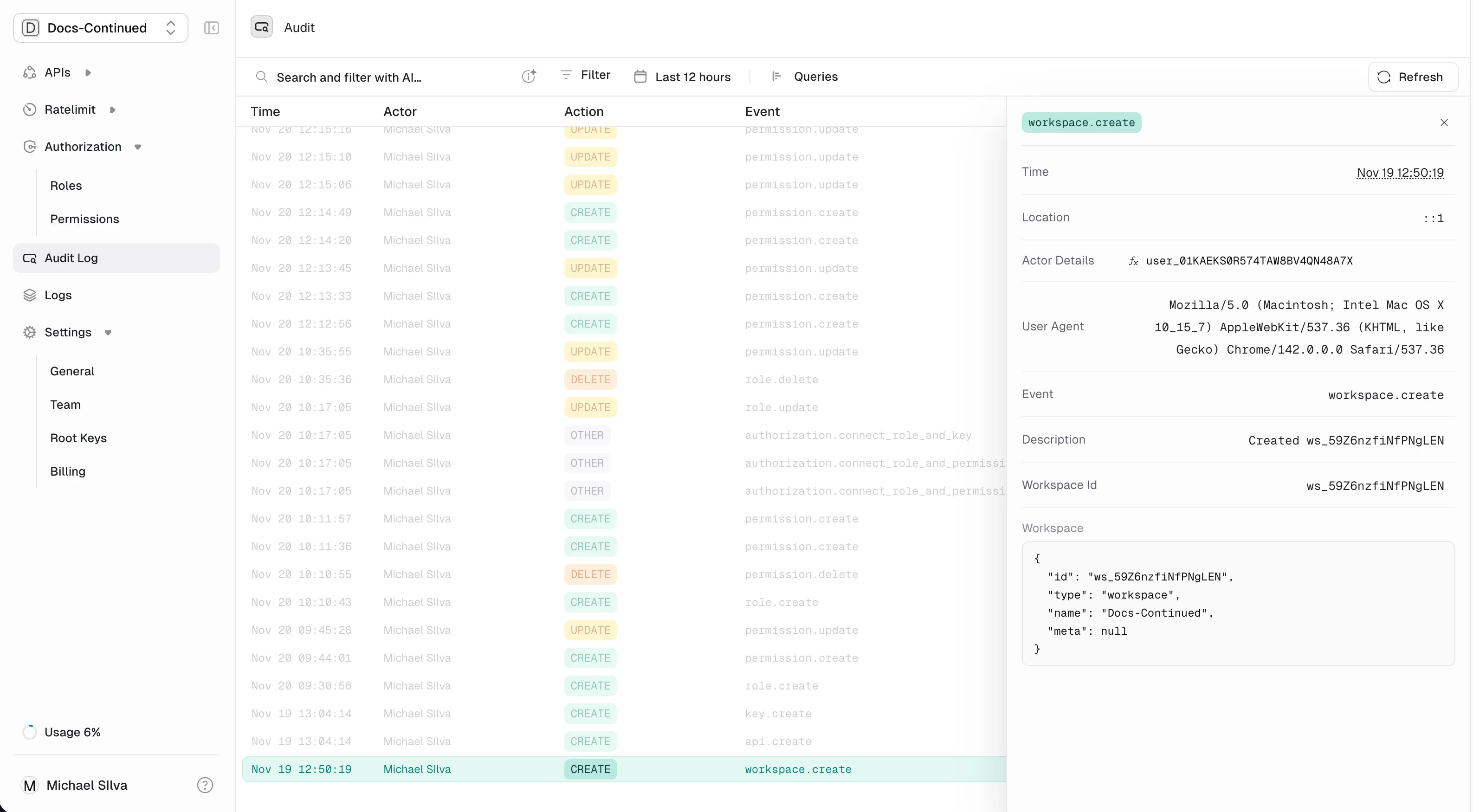 Audit log entry details showing request and response payloads