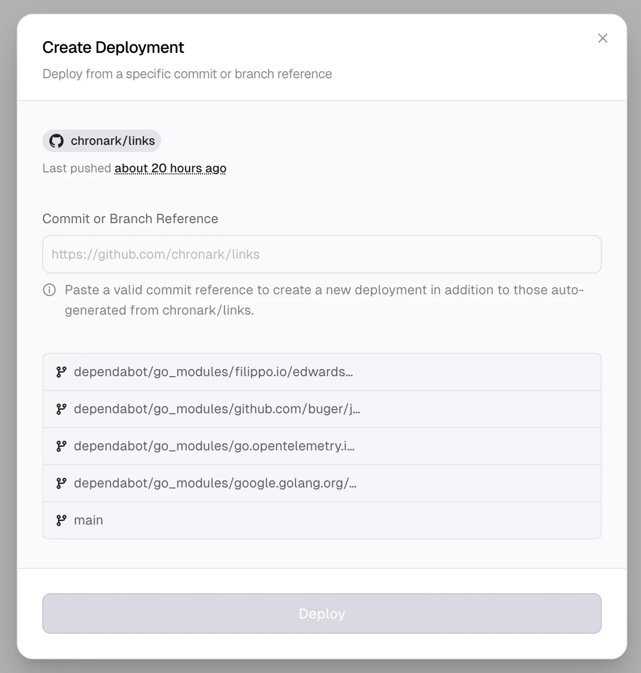 Create deployment dialog