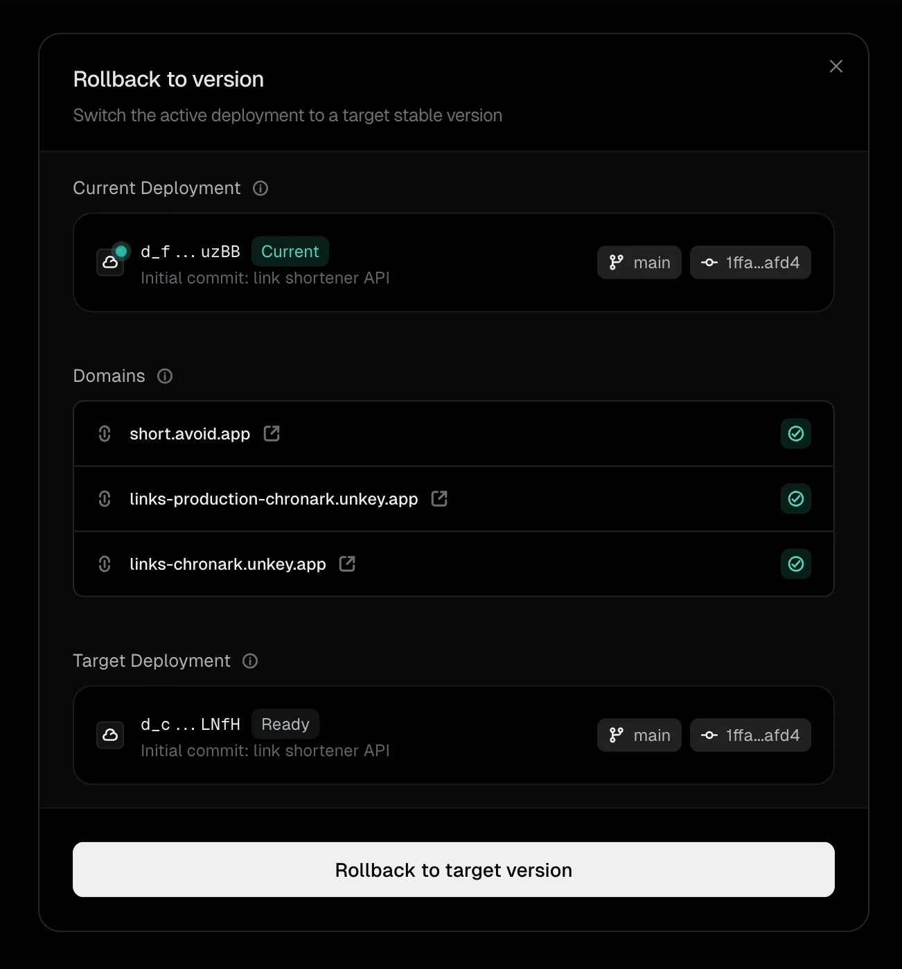 Rollback confirmation dialog