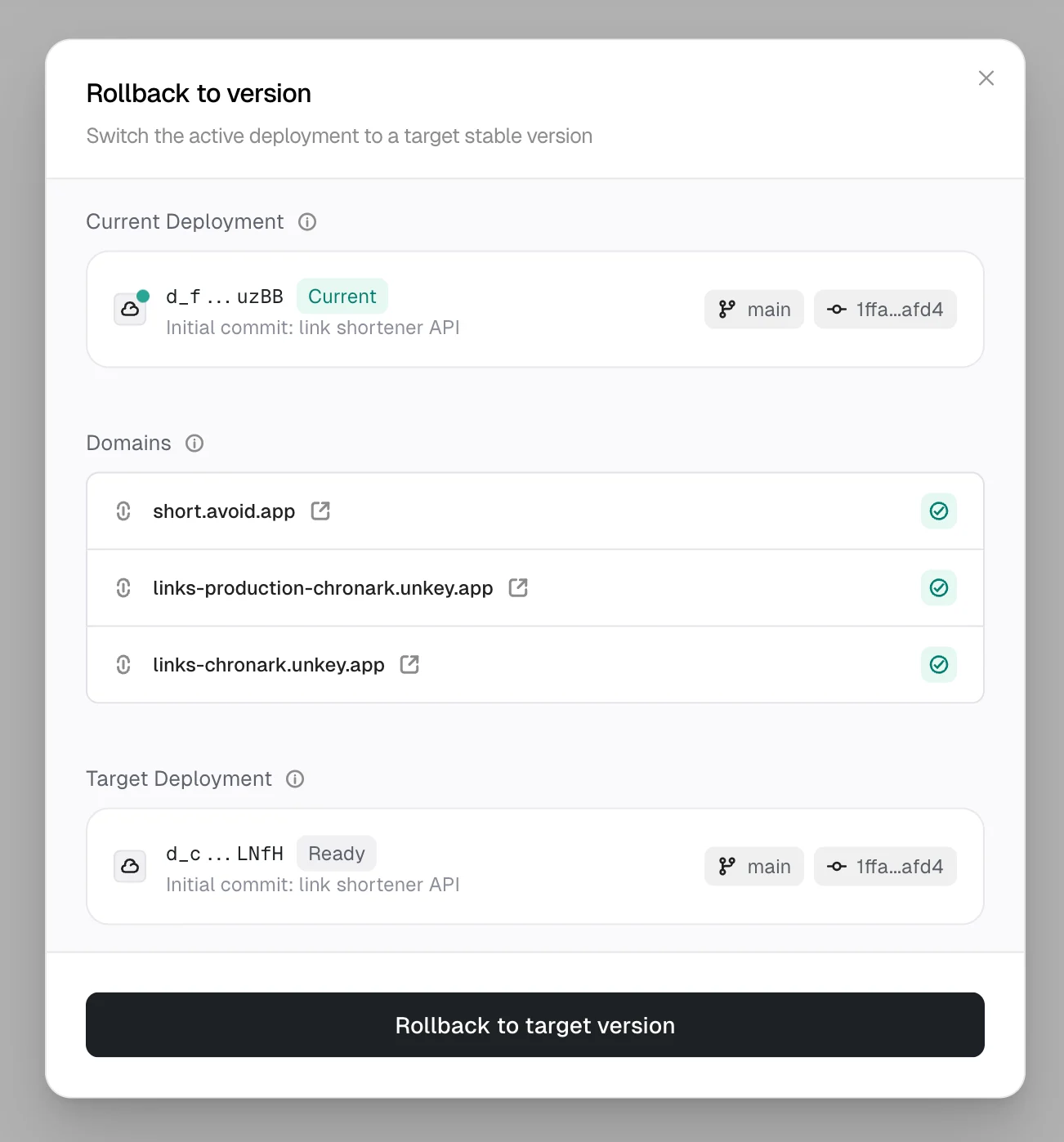 Rollback confirmation dialog