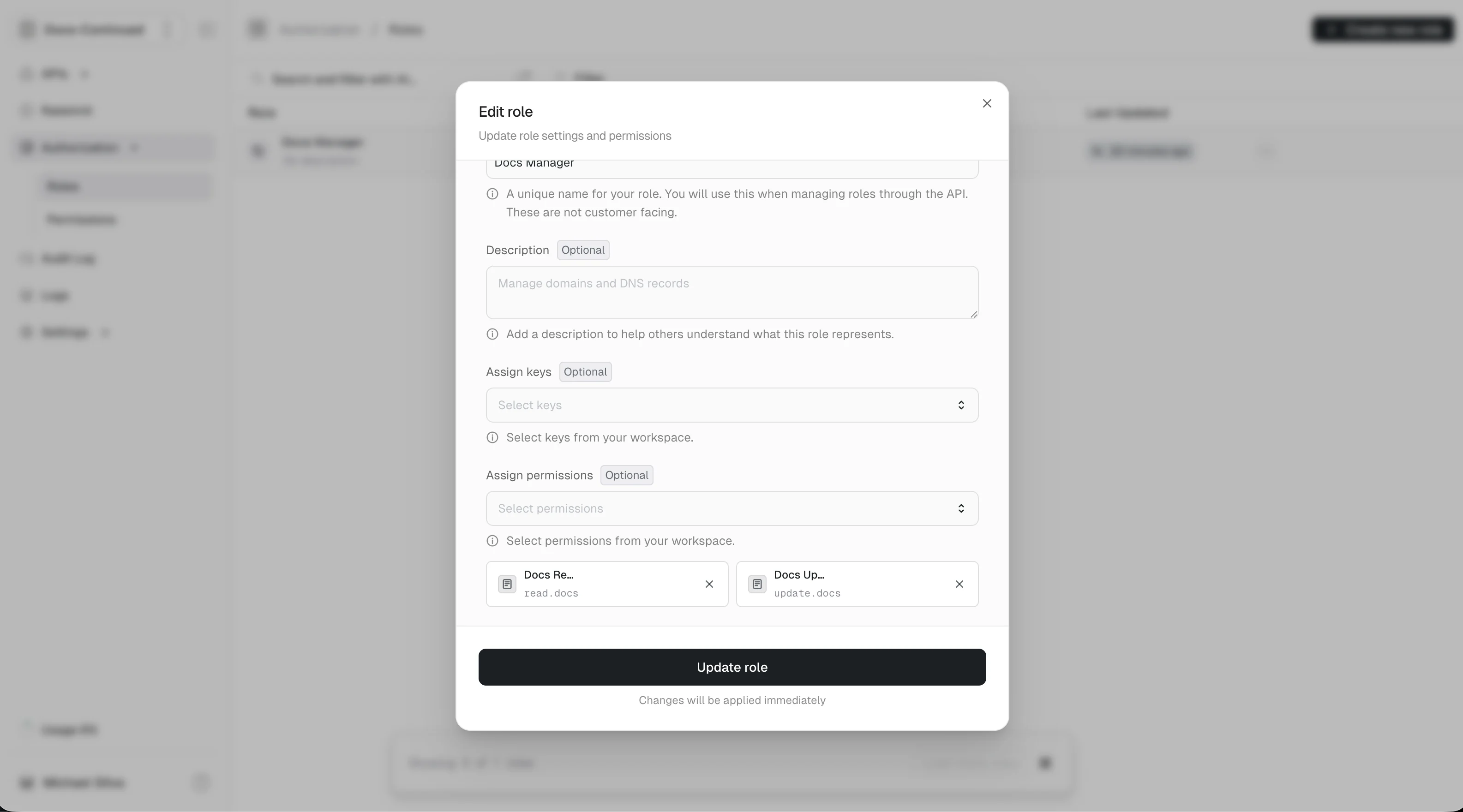Role Update Dialog