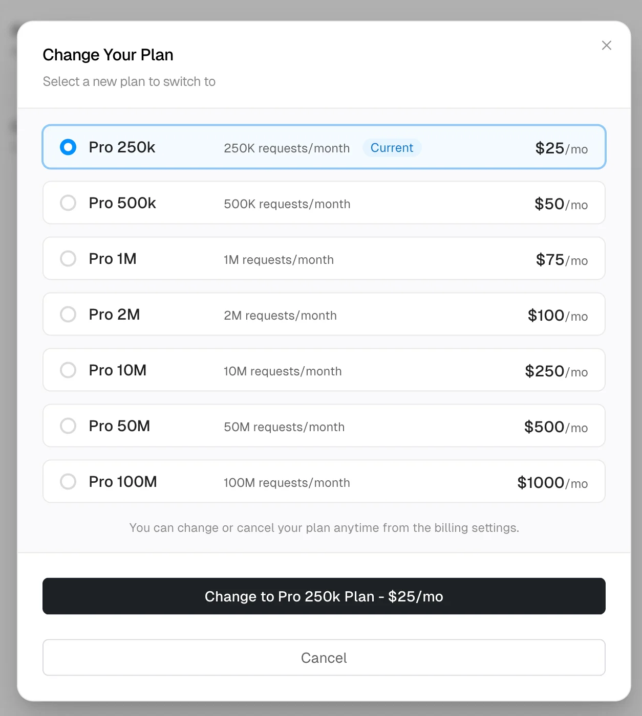 Plan selection modal