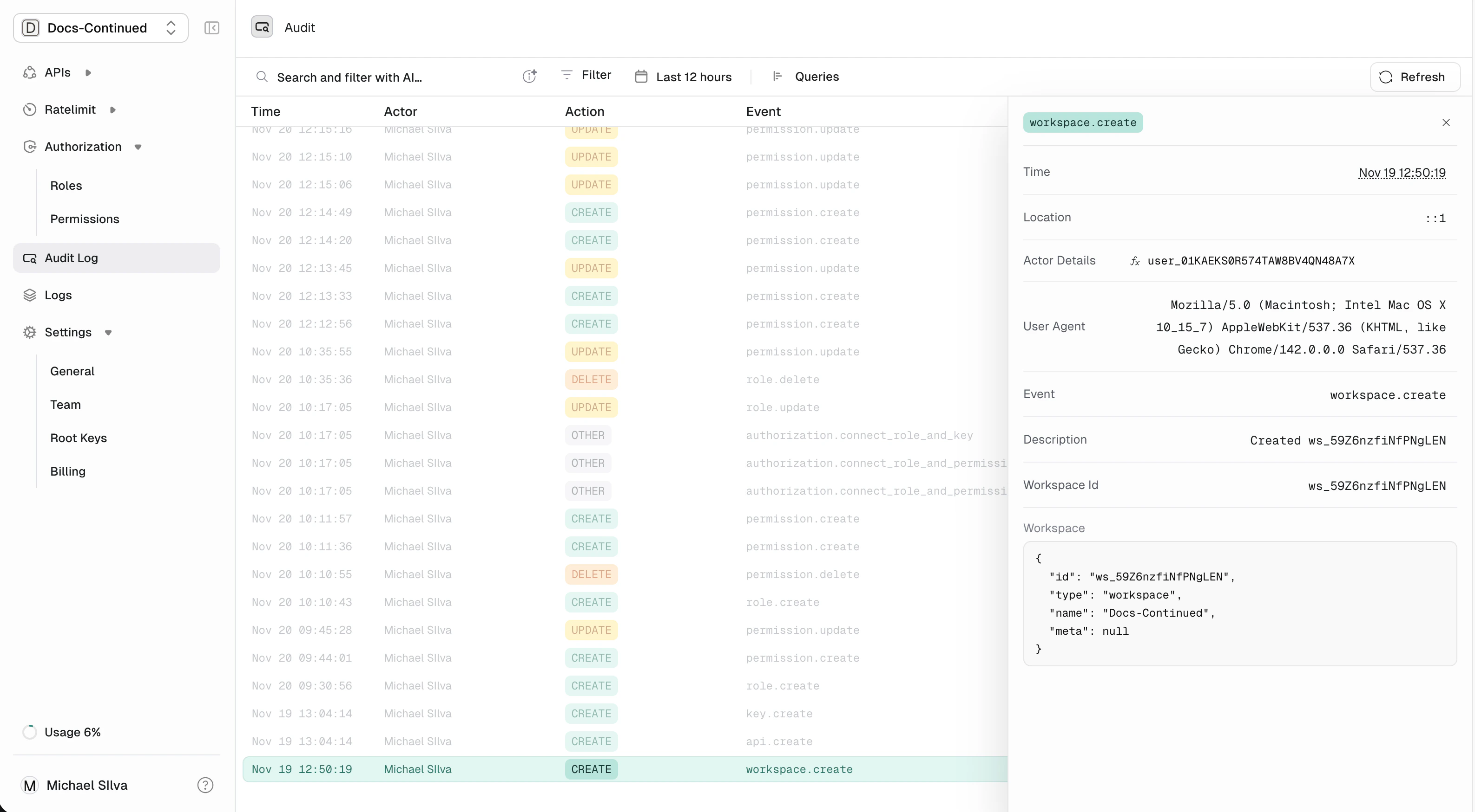Audit log entry details showing request and response payloads