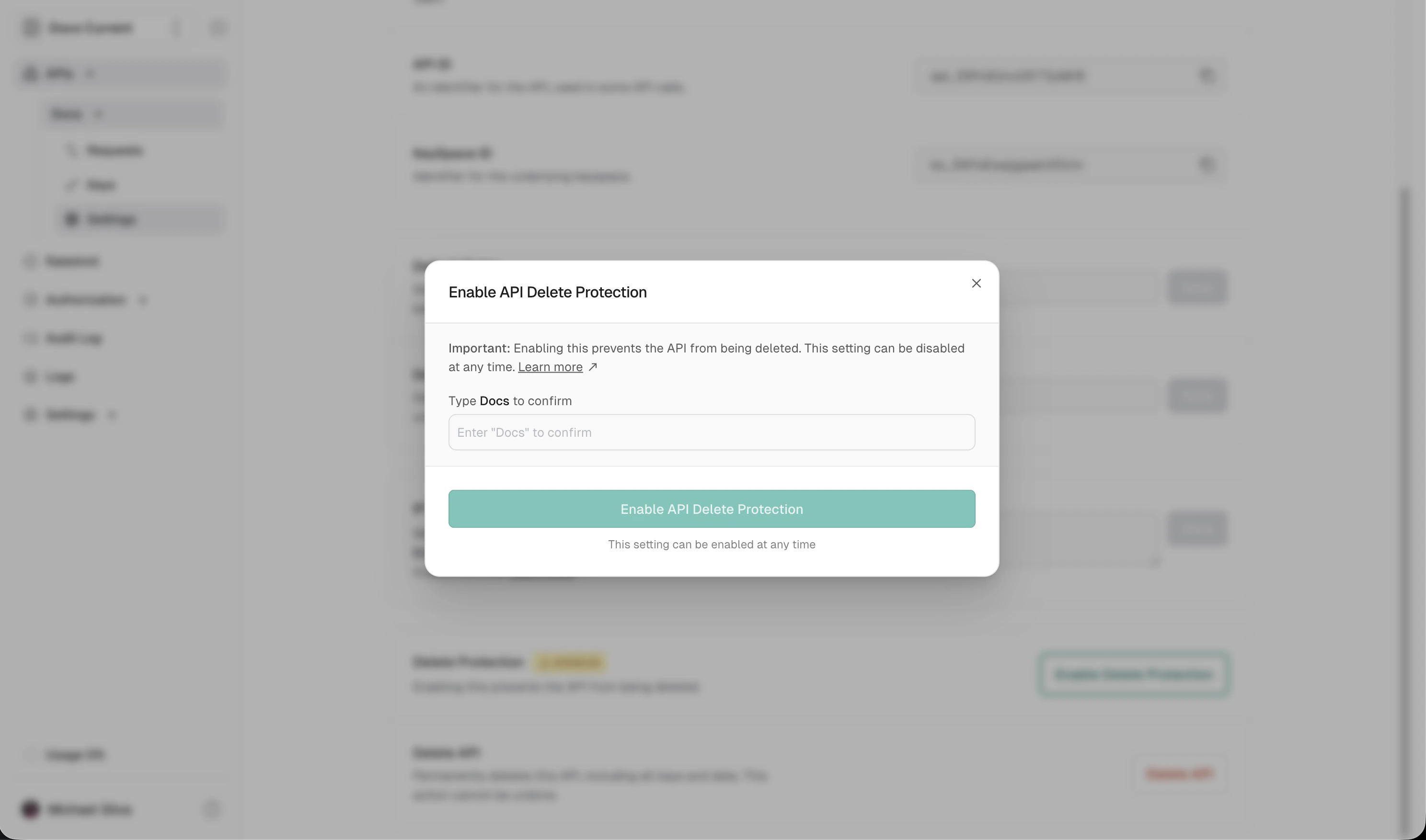 Delete Protection confirmation dialog showing the Enable API Delete Protection button