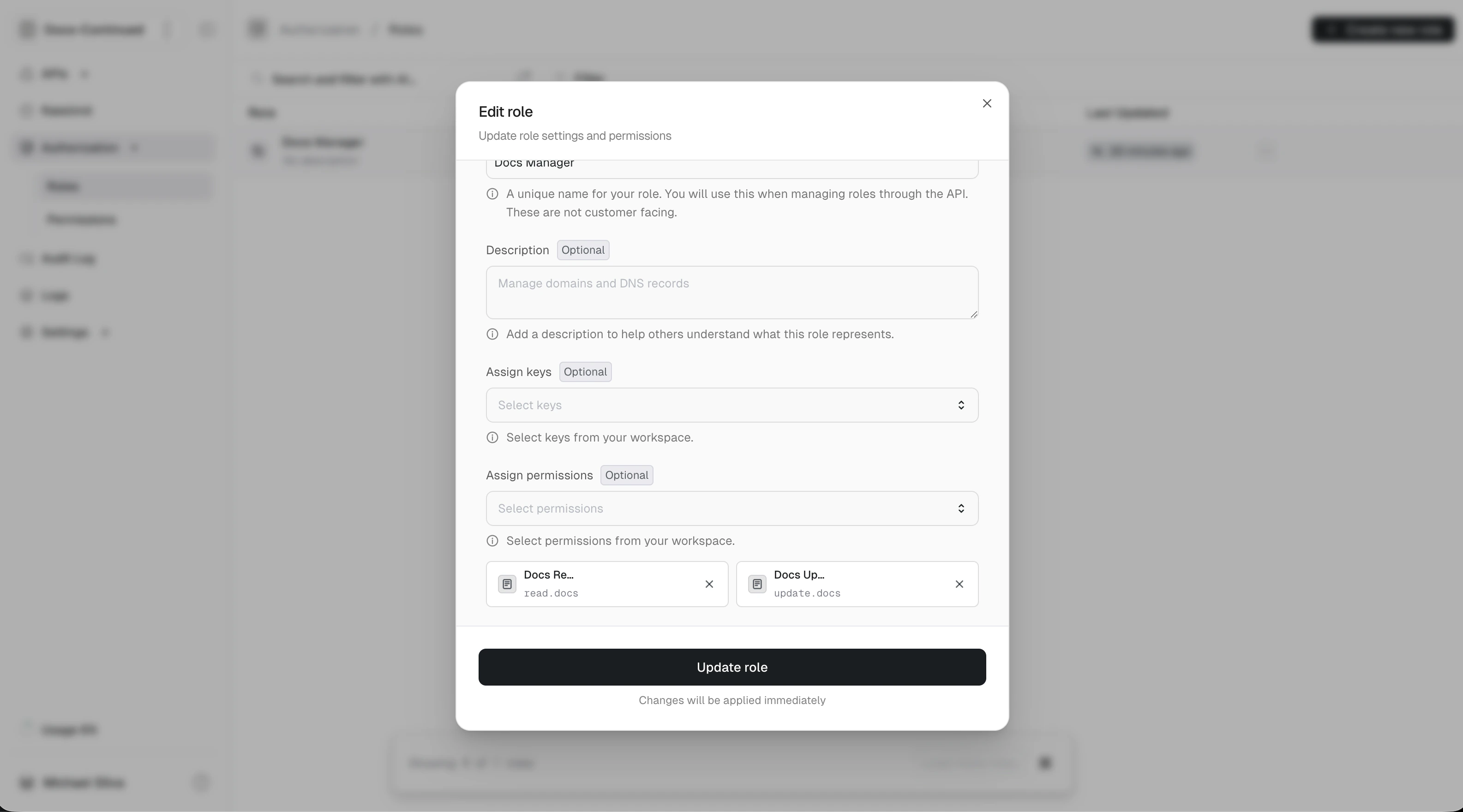 Role Update Dialog