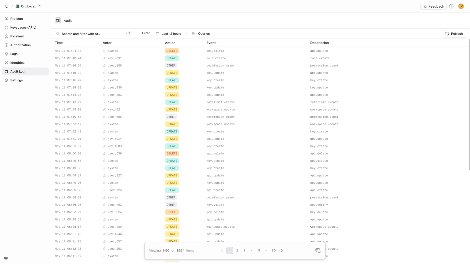 Audit log entries in the Unkey dashboard