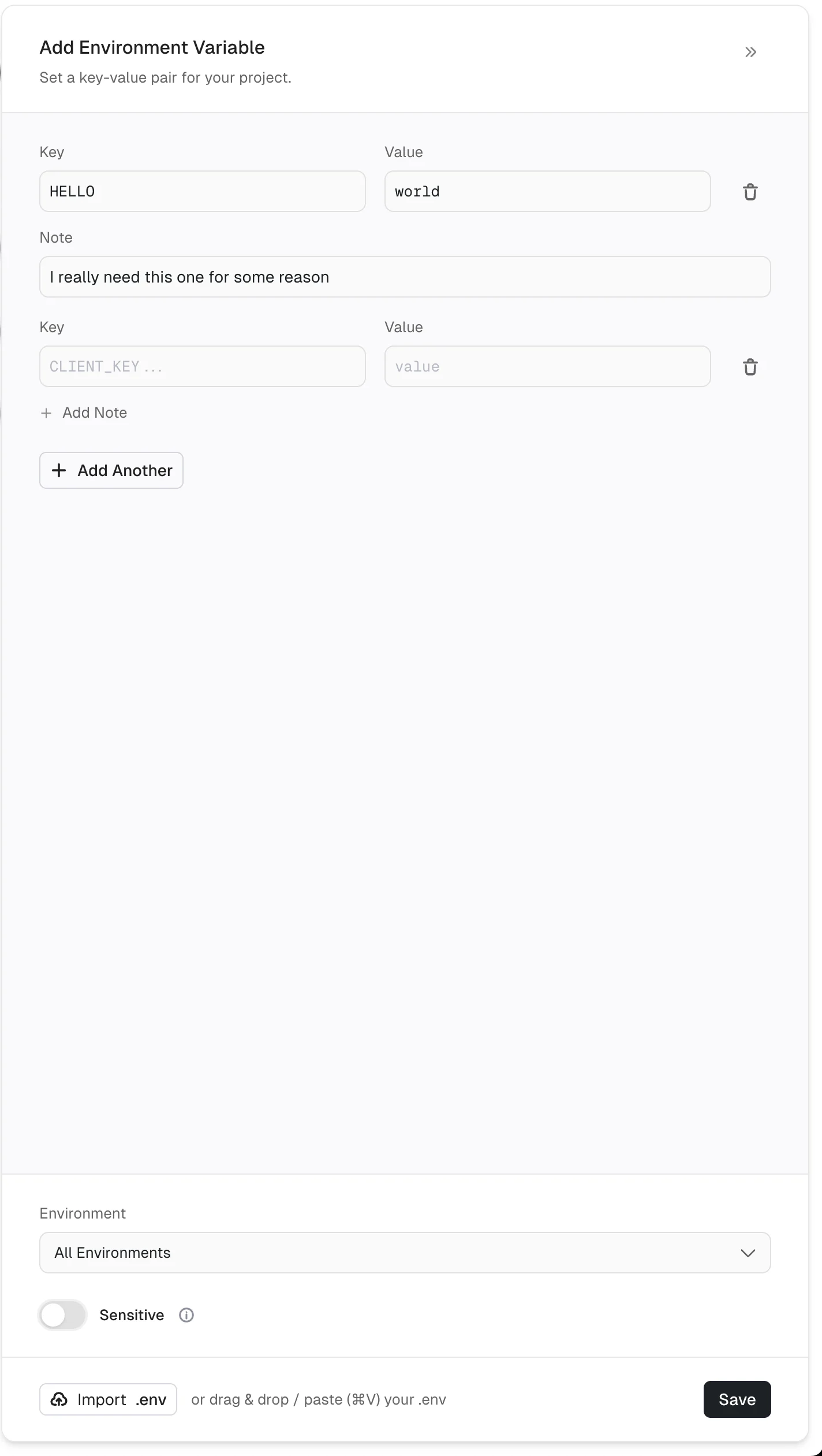 Add environment variable panel