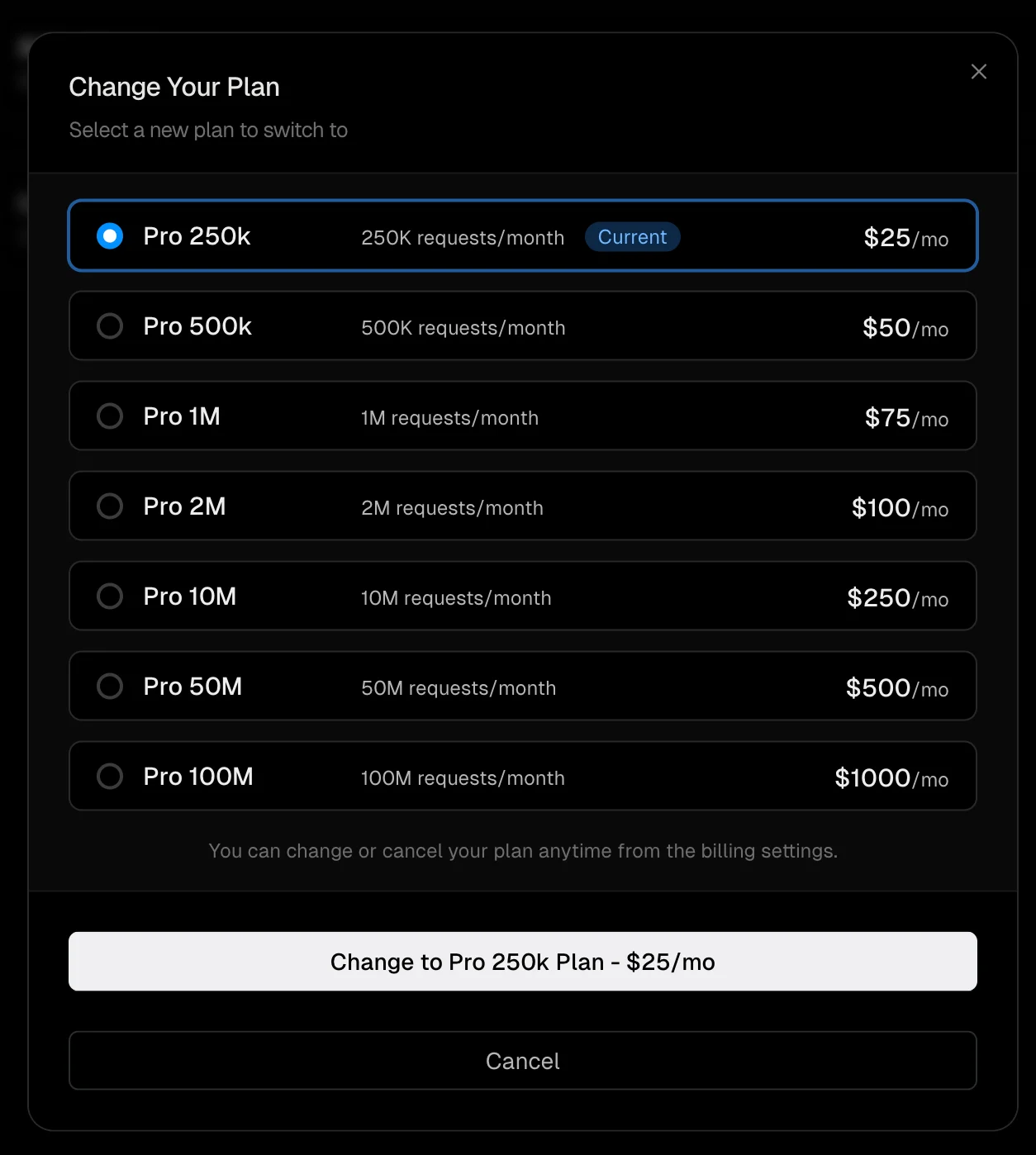 Plan selection modal