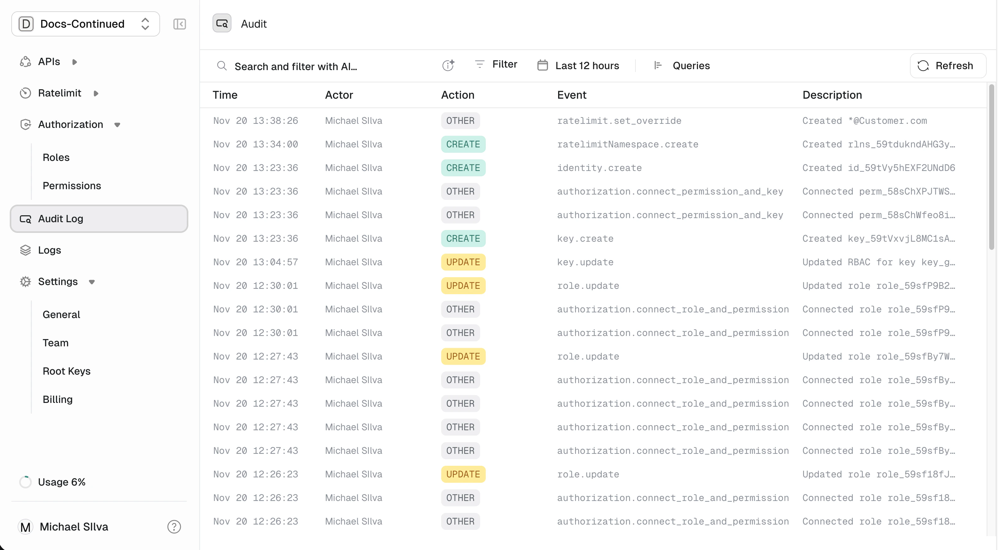Audit log entries in the Unkey dashboard