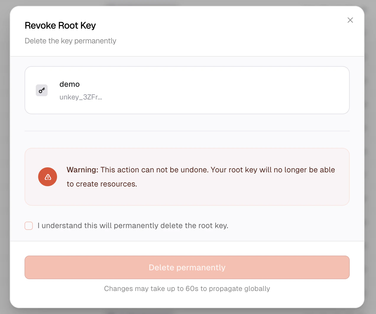 Delete root key confirmation