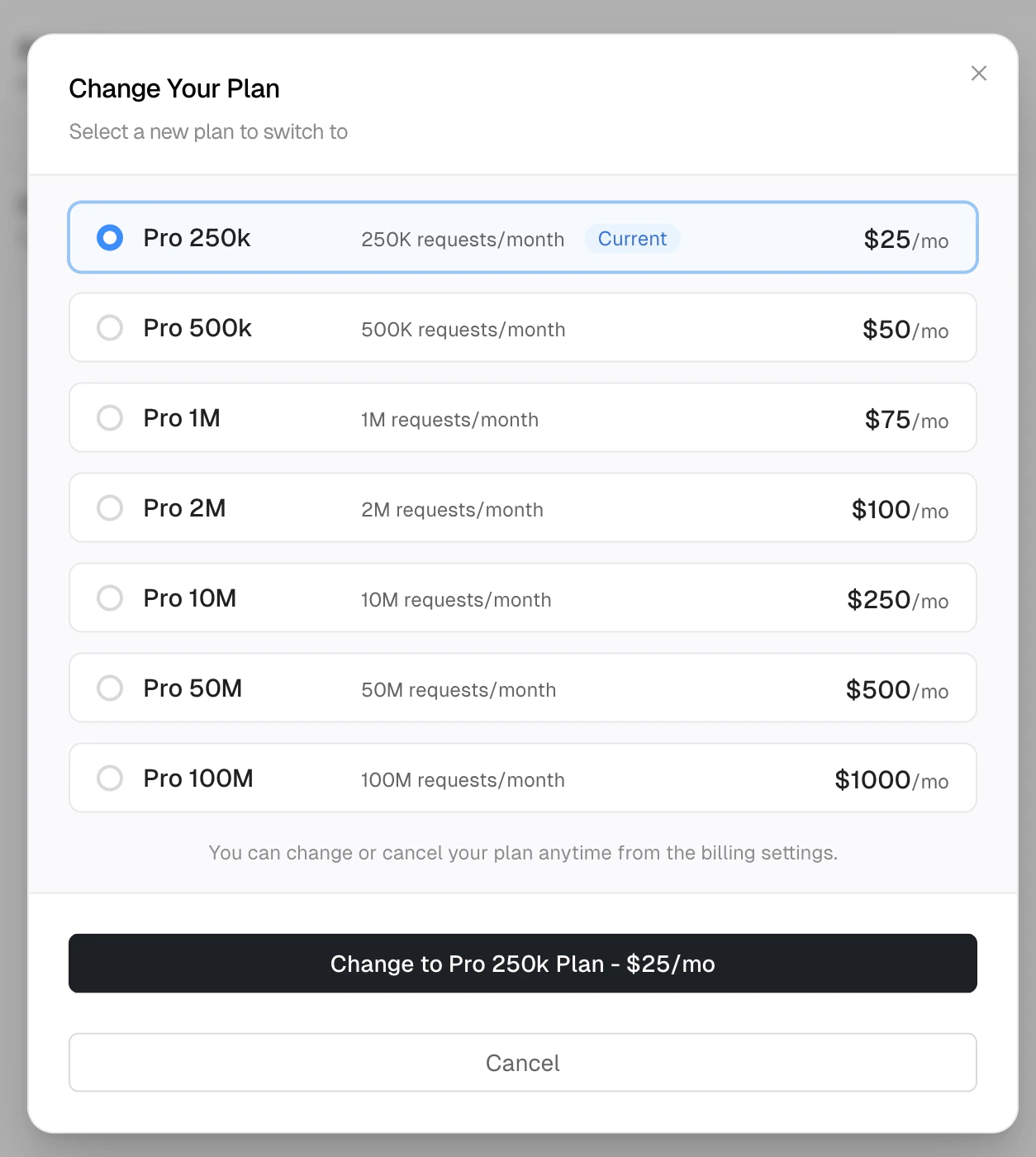 Plan selection modal