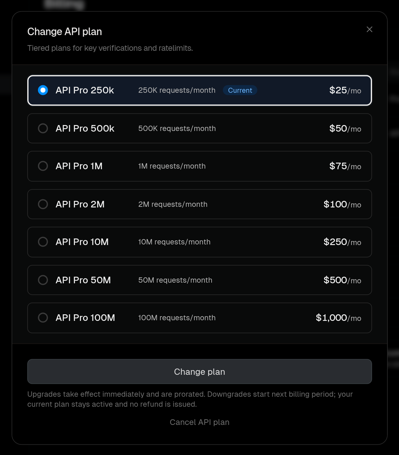 Change API plan dialog listing the Pro tiers