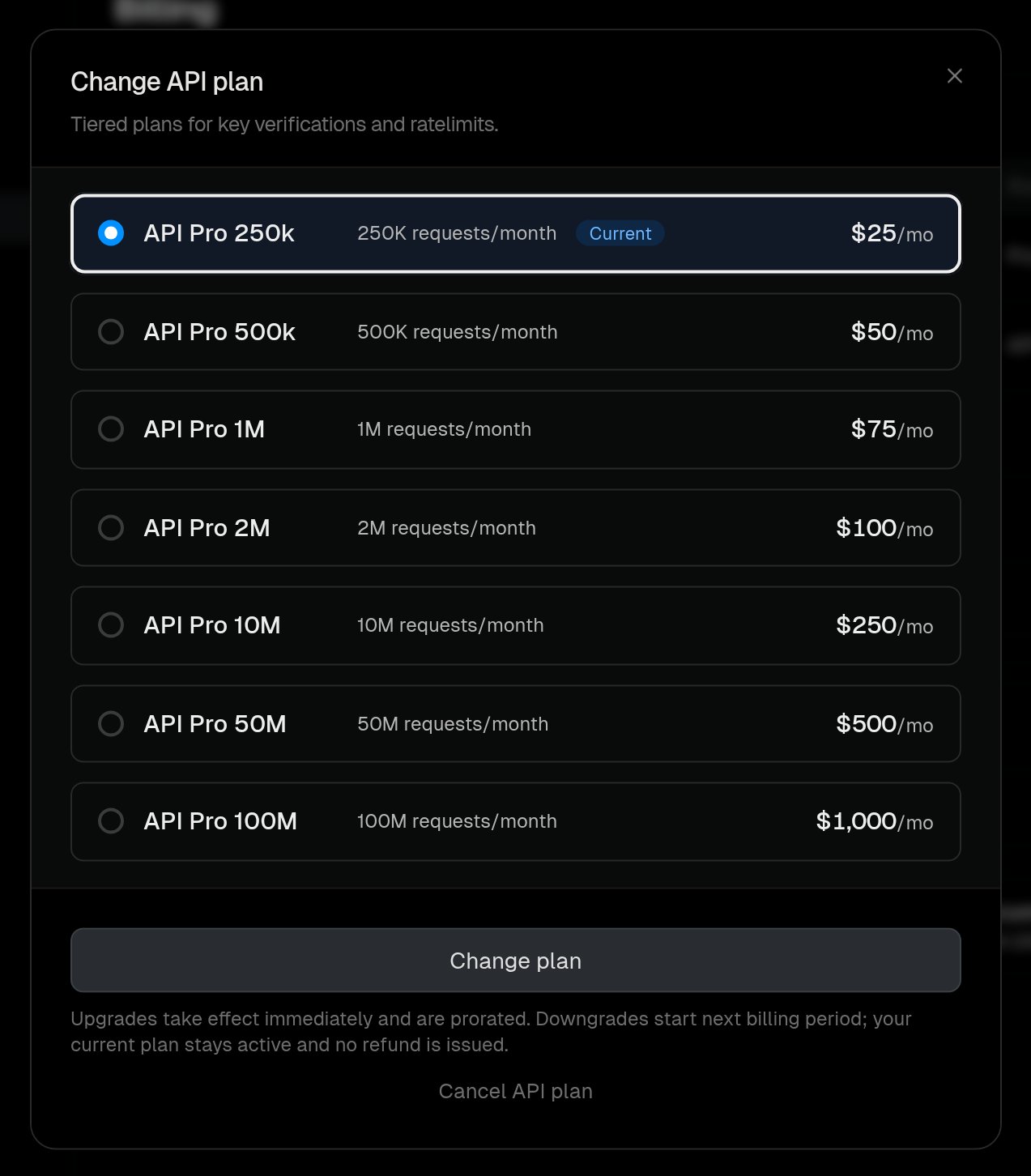 Change API plan dialog listing the Pro tiers