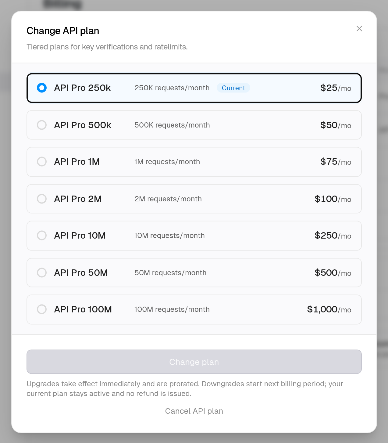 Change API plan dialog listing the Pro tiers