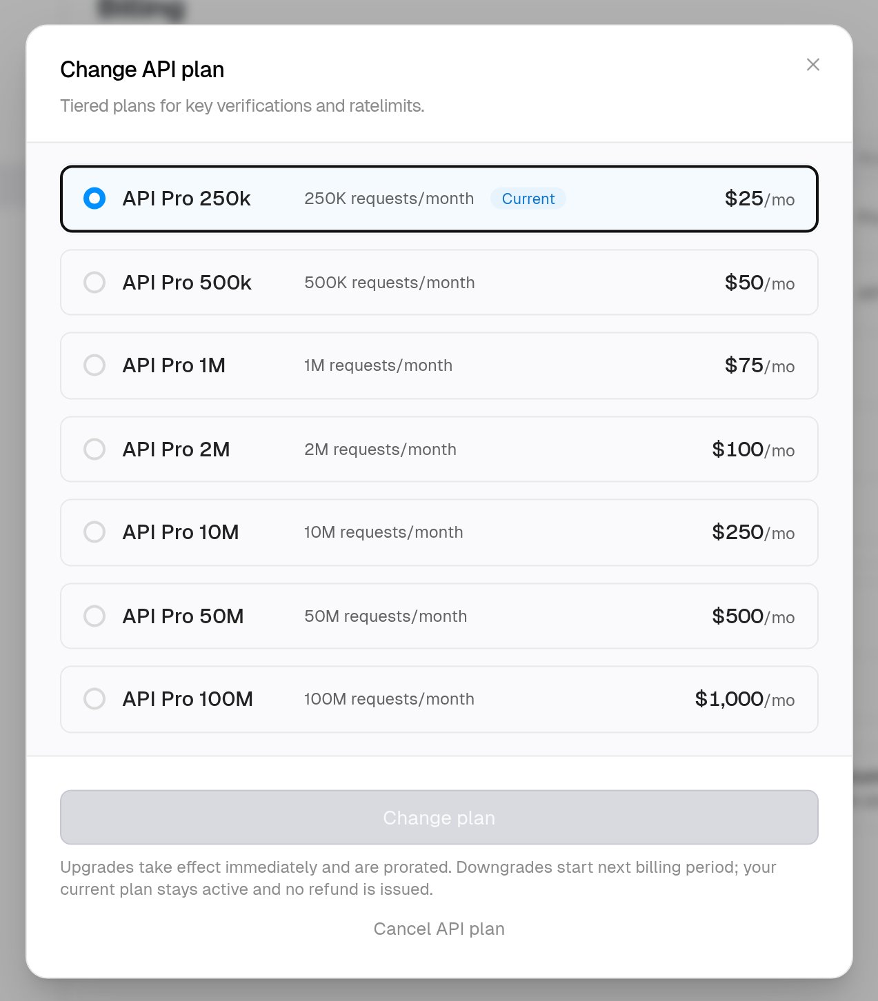 Change API plan dialog listing the Pro tiers