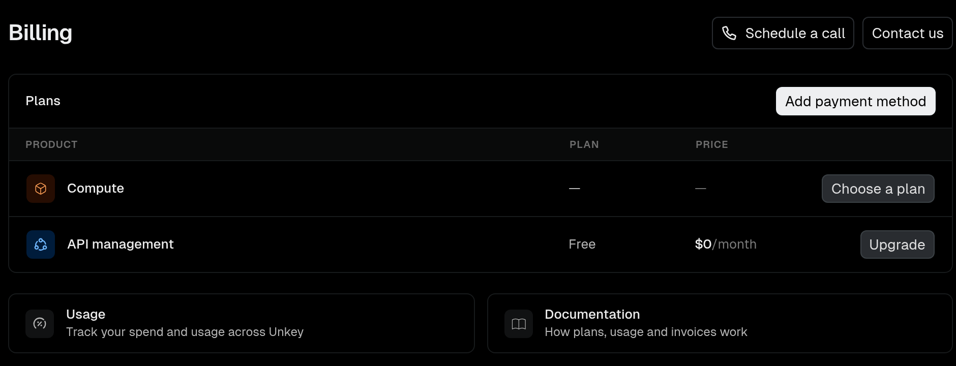 Billing page for a workspace without a payment method
