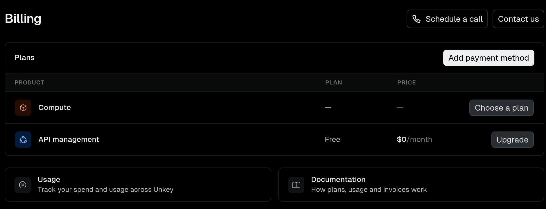 Billing page for a workspace without a payment method