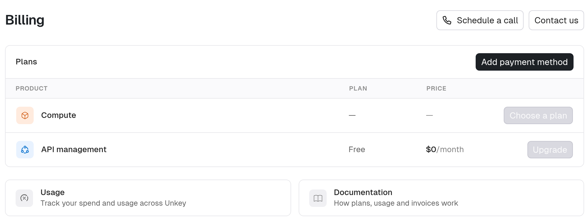 Billing page for a workspace without a payment method