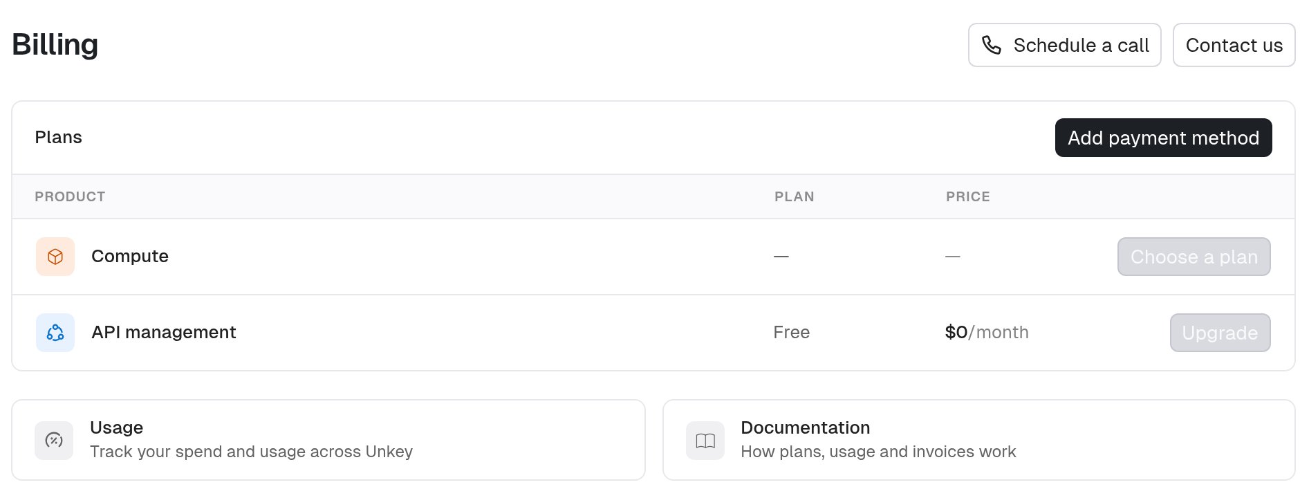 Billing page for a workspace without a payment method