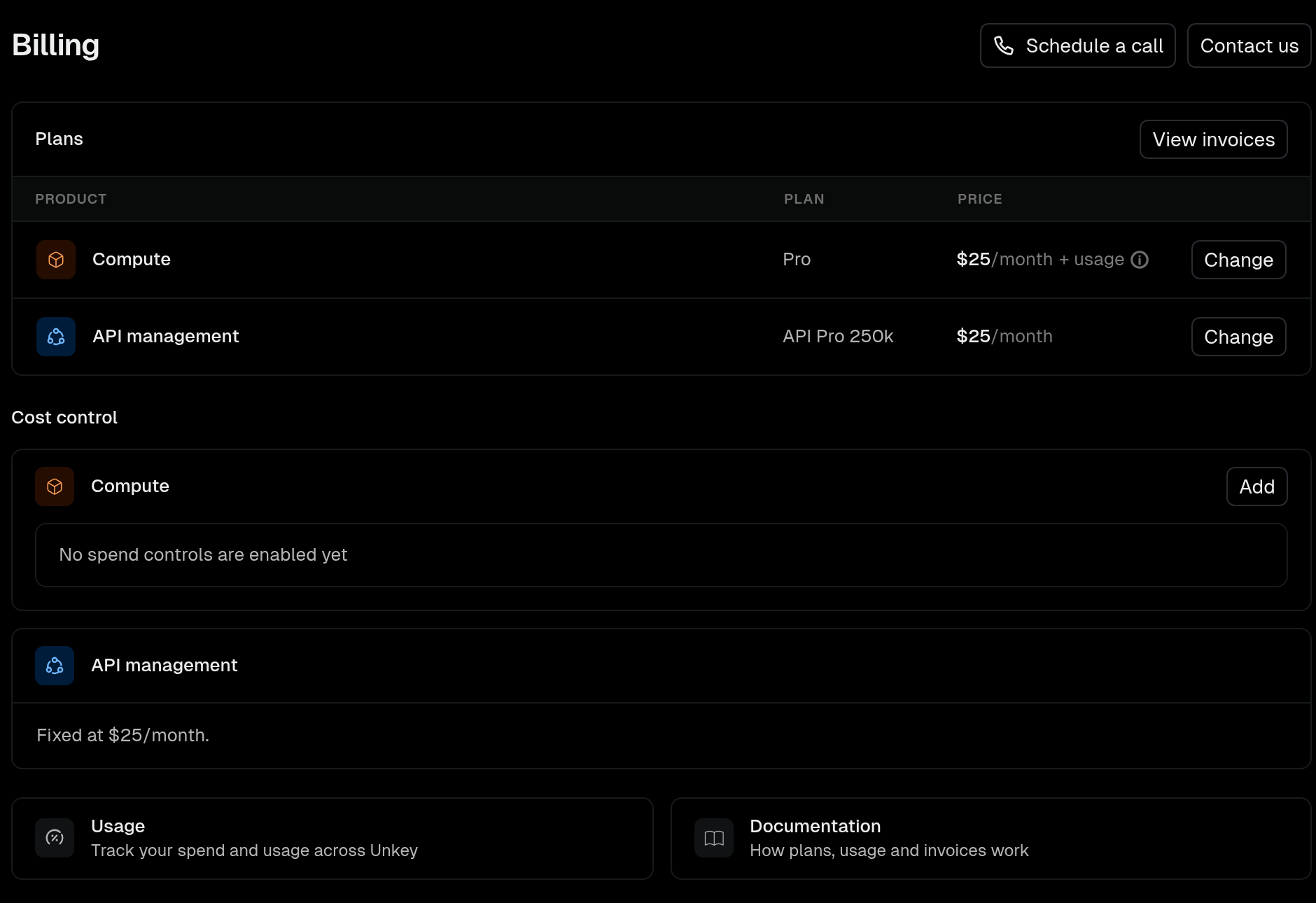 Billing page with a Compute Pro plan and an API Pro 250k plan