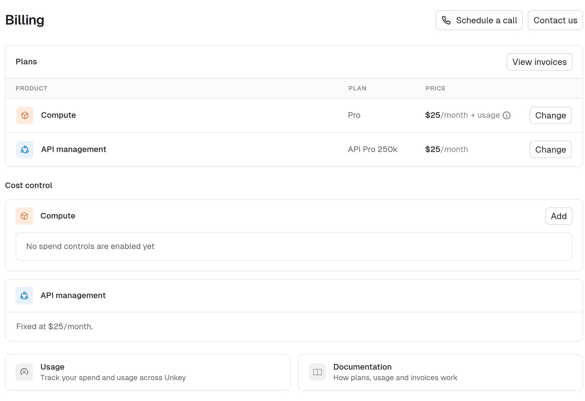 Billing page with a Compute Pro plan and an API Pro 250k plan