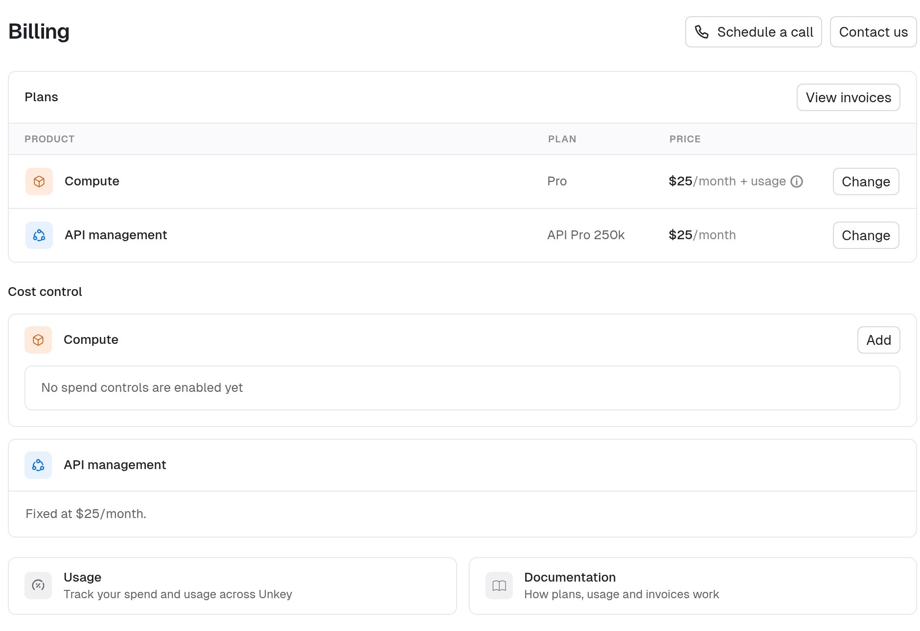 Billing page with a Compute Pro plan and an API Pro 250k plan