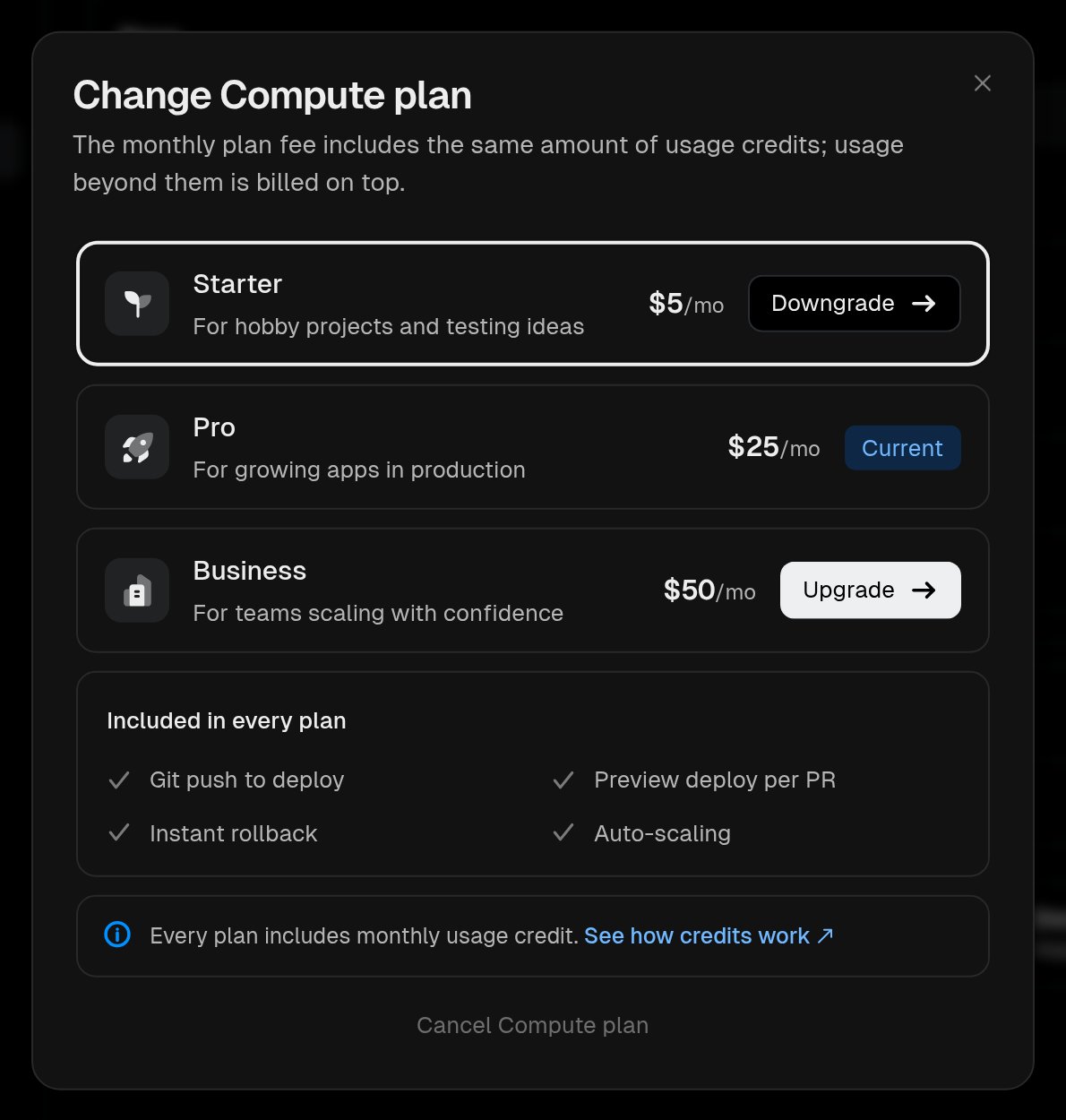 Change Compute plan dialog with Starter, Pro, and Business