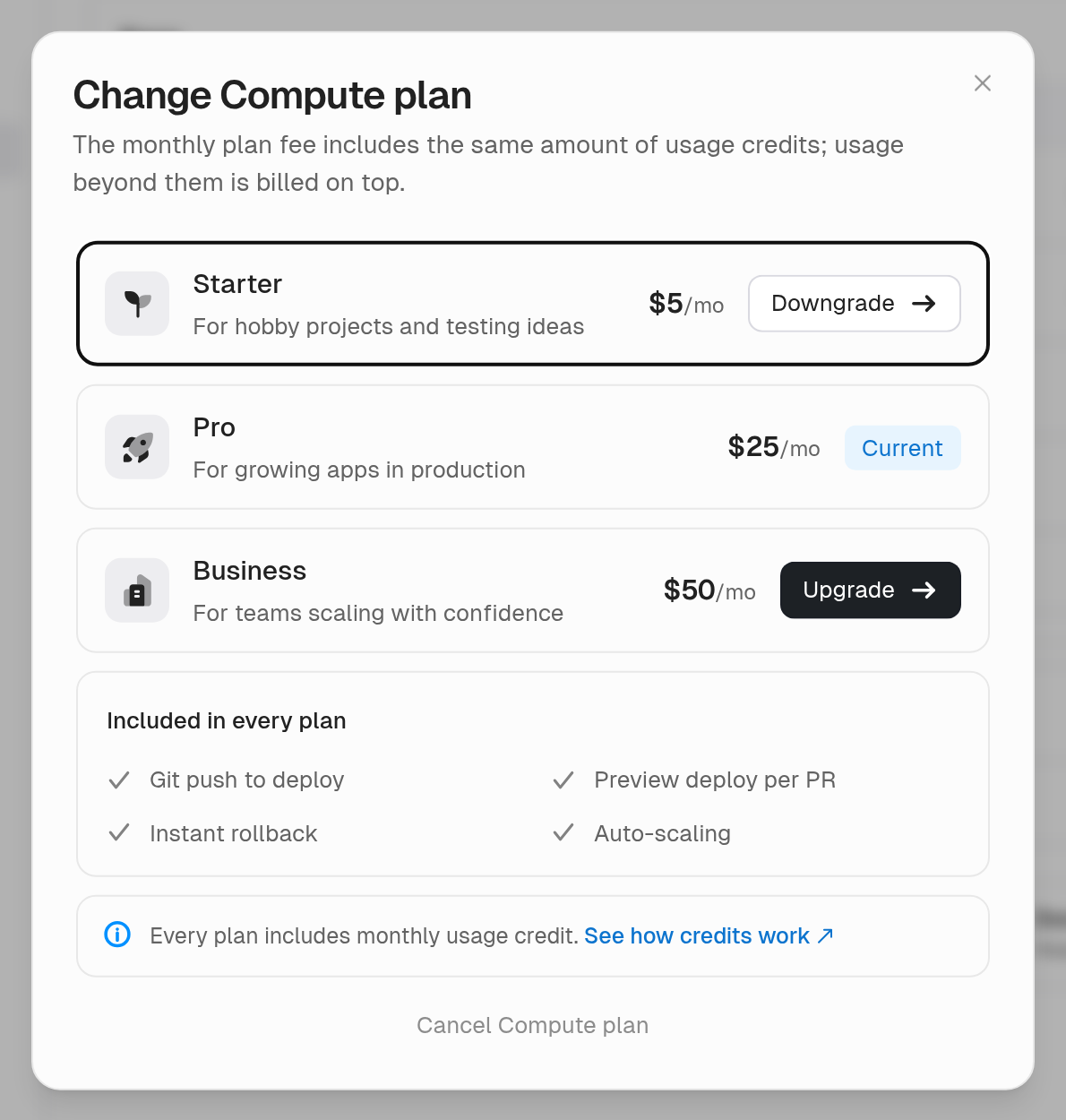 Change Compute plan dialog with Starter, Pro, and Business