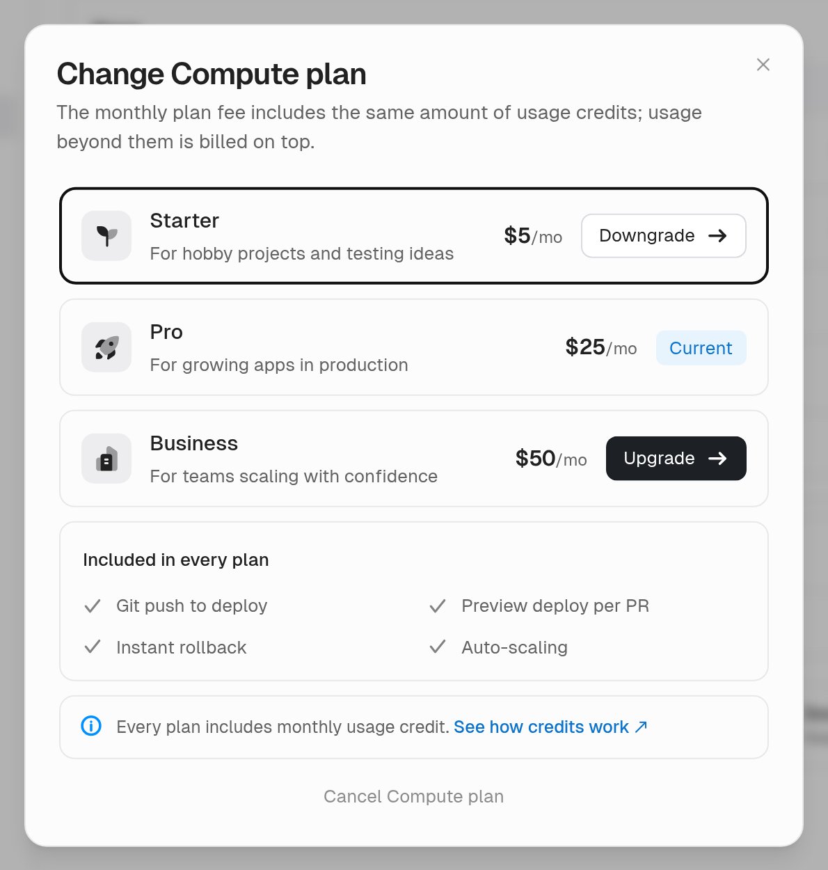 Change Compute plan dialog with Starter, Pro, and Business