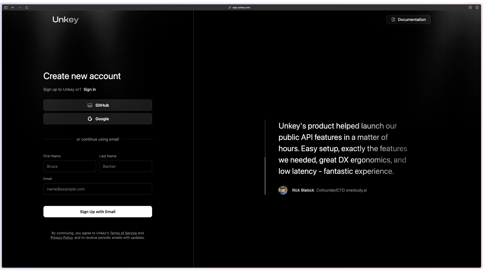 Sign Up Page for Unkey