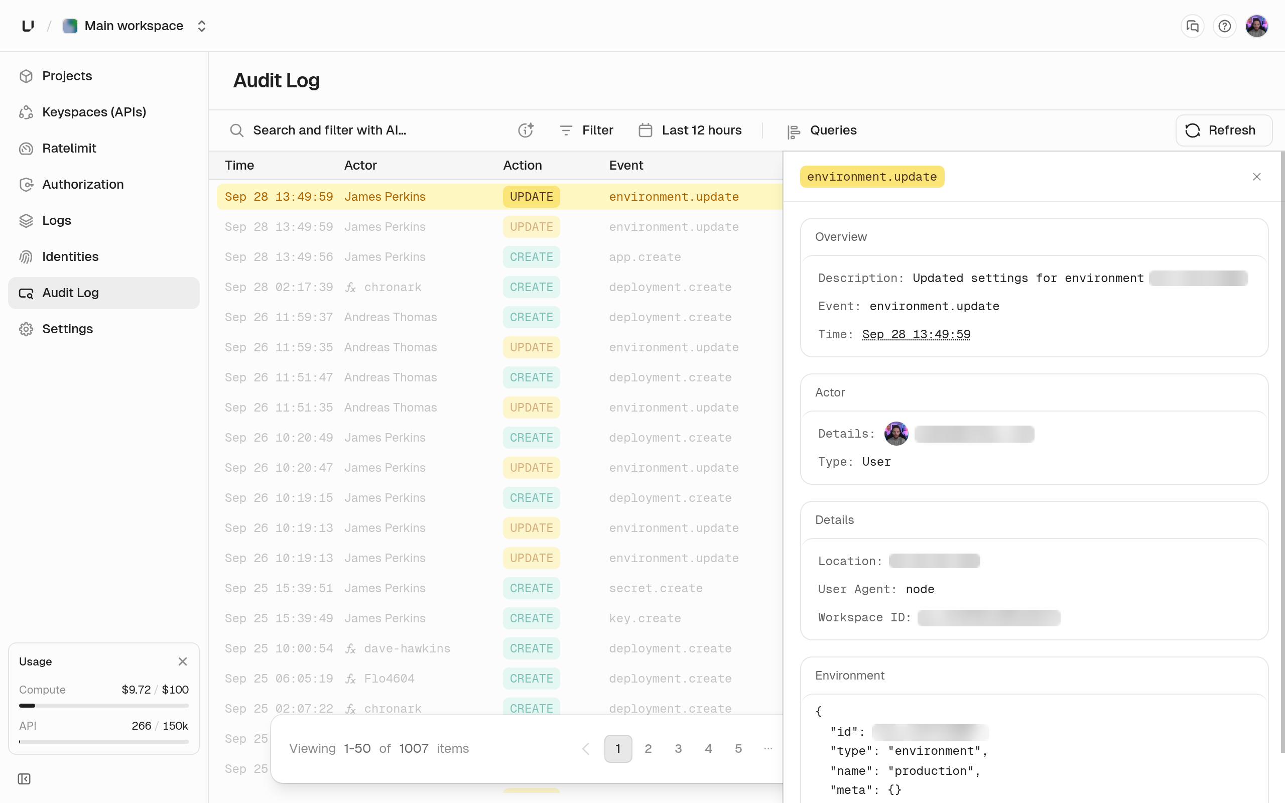 Audit Log page listing events with time, actor, action, and event, with one entry open showing its description, actor, and details
