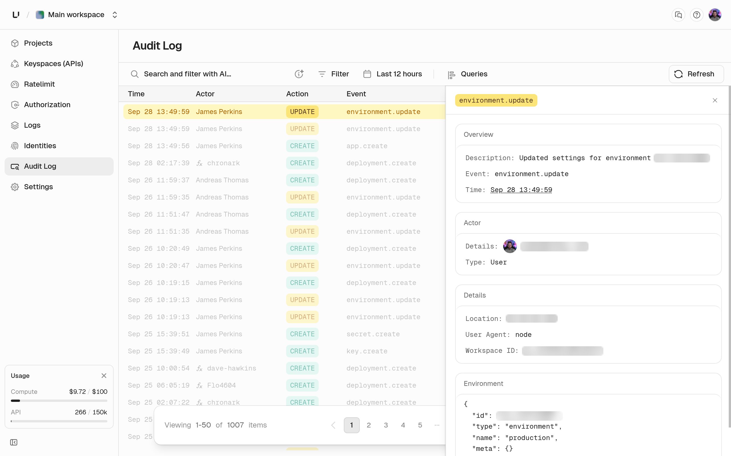 Audit Log page listing events with time, actor, action, and event, with one entry open showing its description, actor, and details
