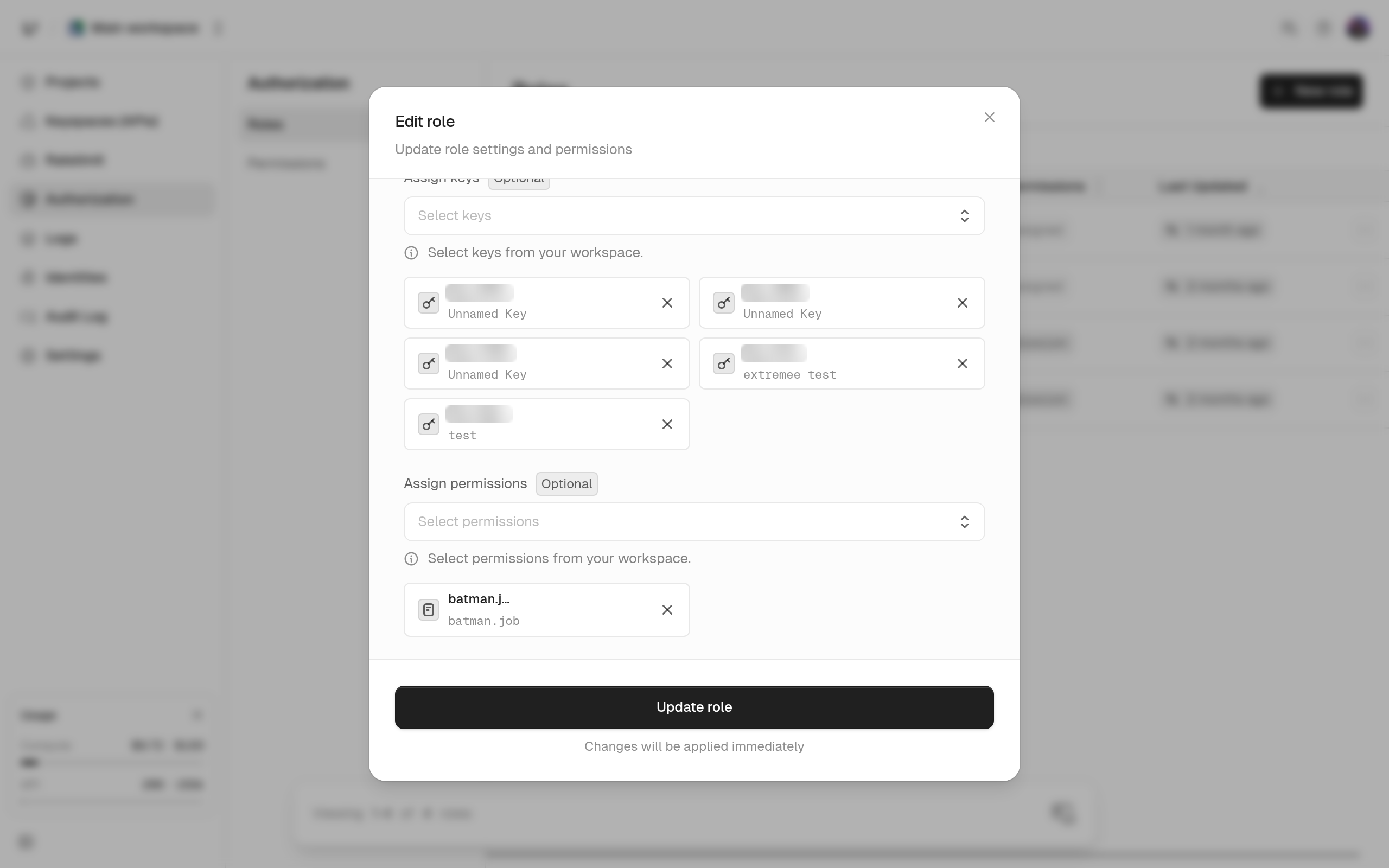 Edit role dialog showing the keys assigned to the role and its assigned permissions