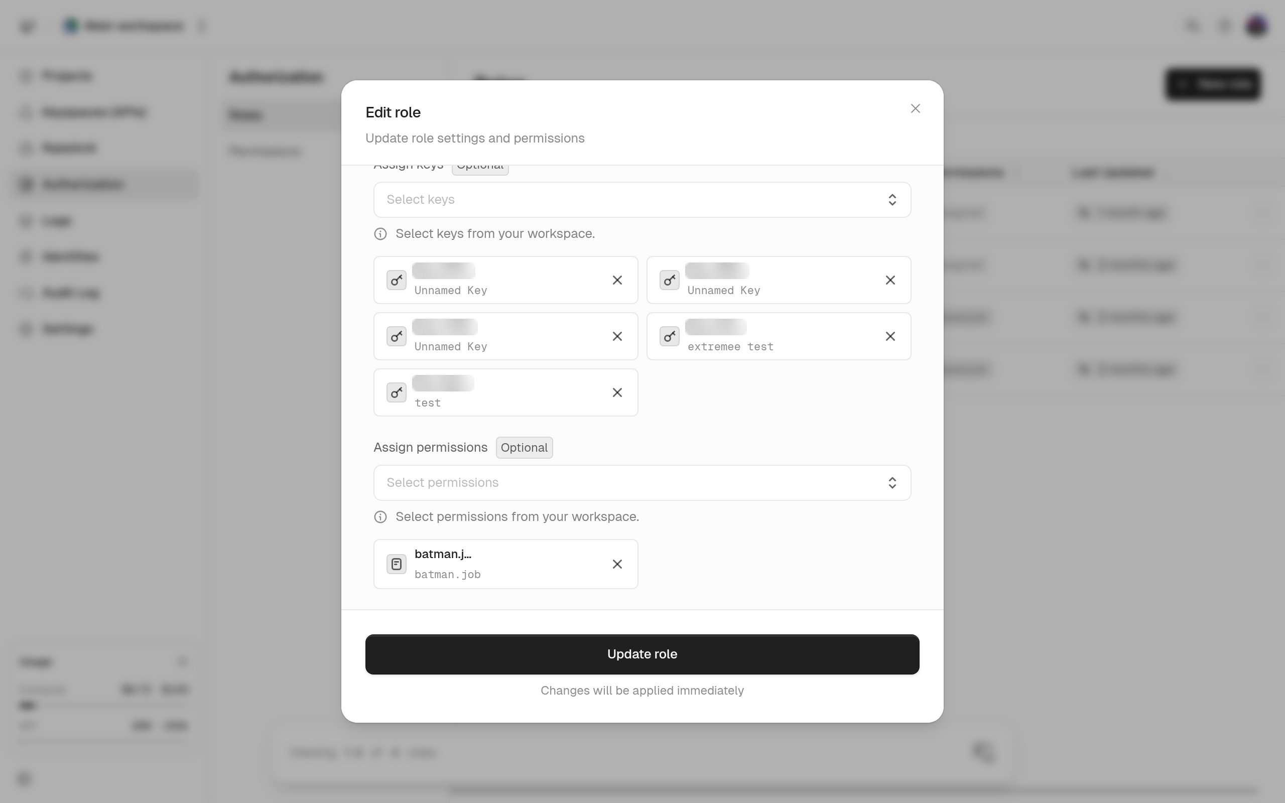 Edit role dialog showing the keys assigned to the role and its assigned permissions