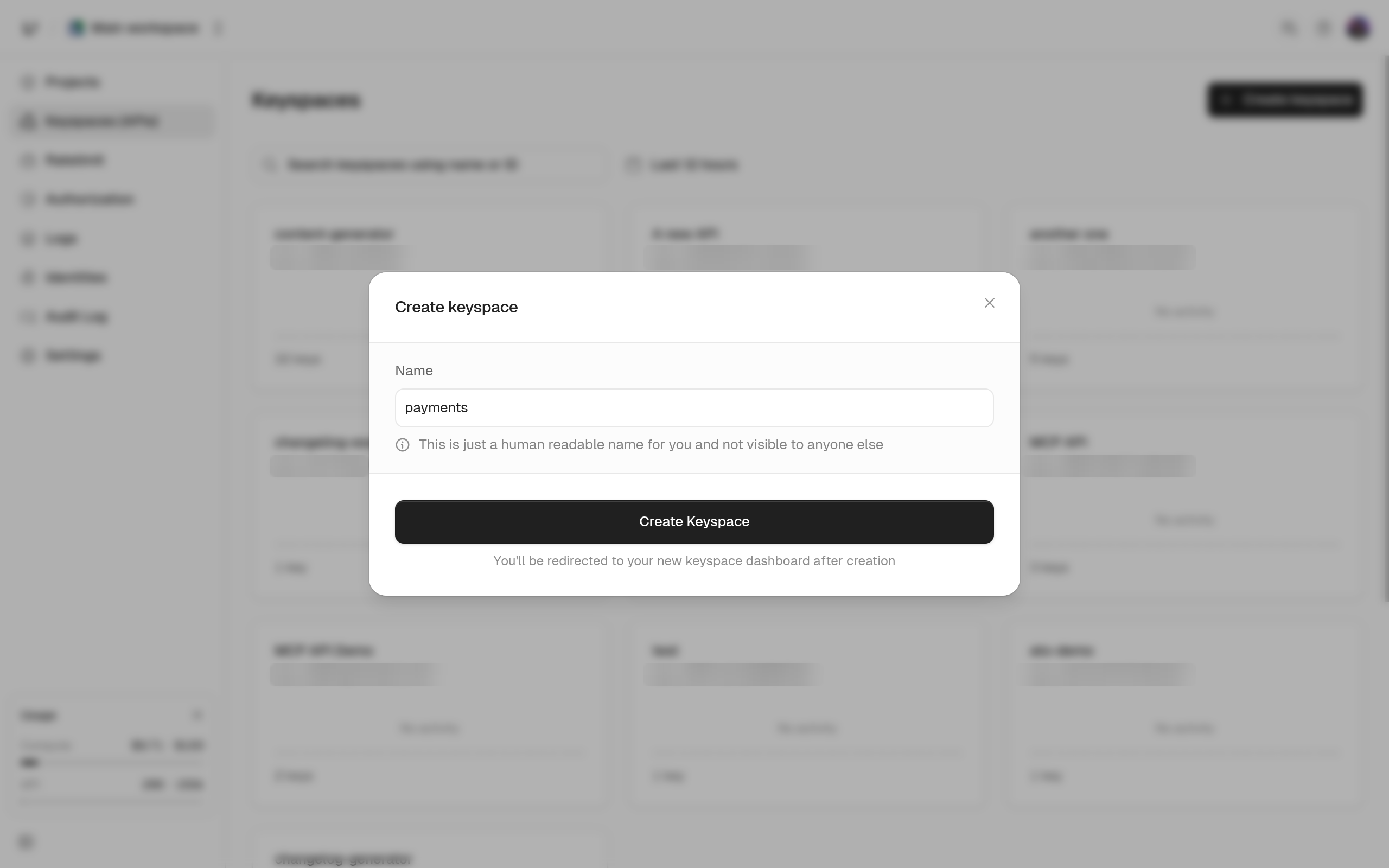 Create keyspace dialog with a name entered and the Create Keyspace button