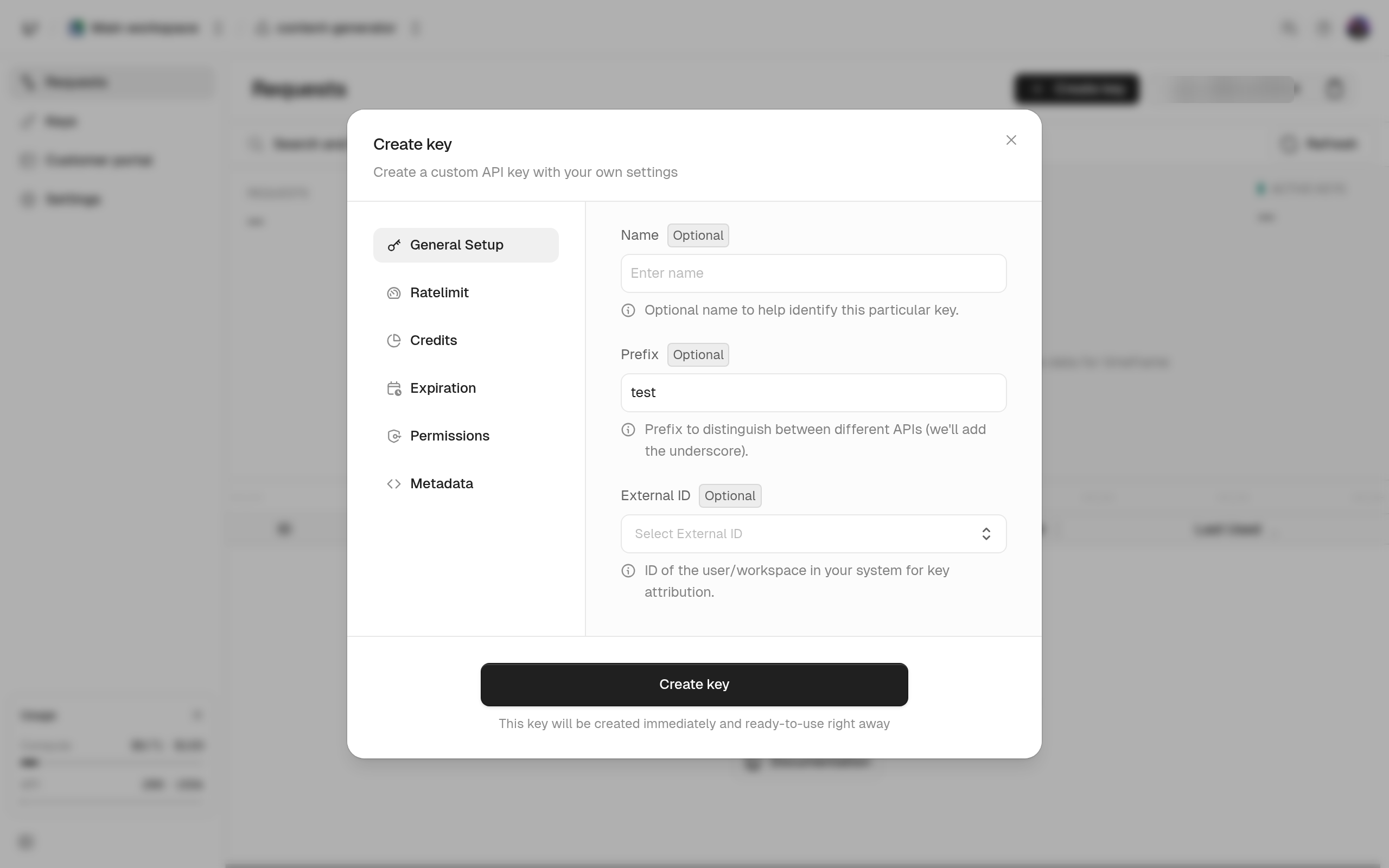 Create key dialog on the General Setup step with Name, Prefix, and External ID fields, and the other steps listed on the left