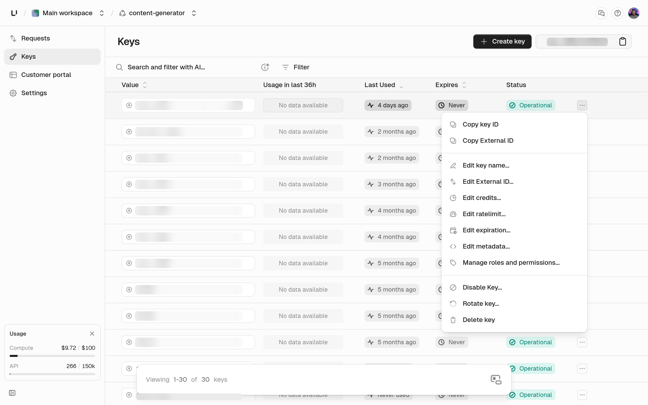 Keys tab with a key's actions menu open, including Disable Key, Rotate key, and Delete key