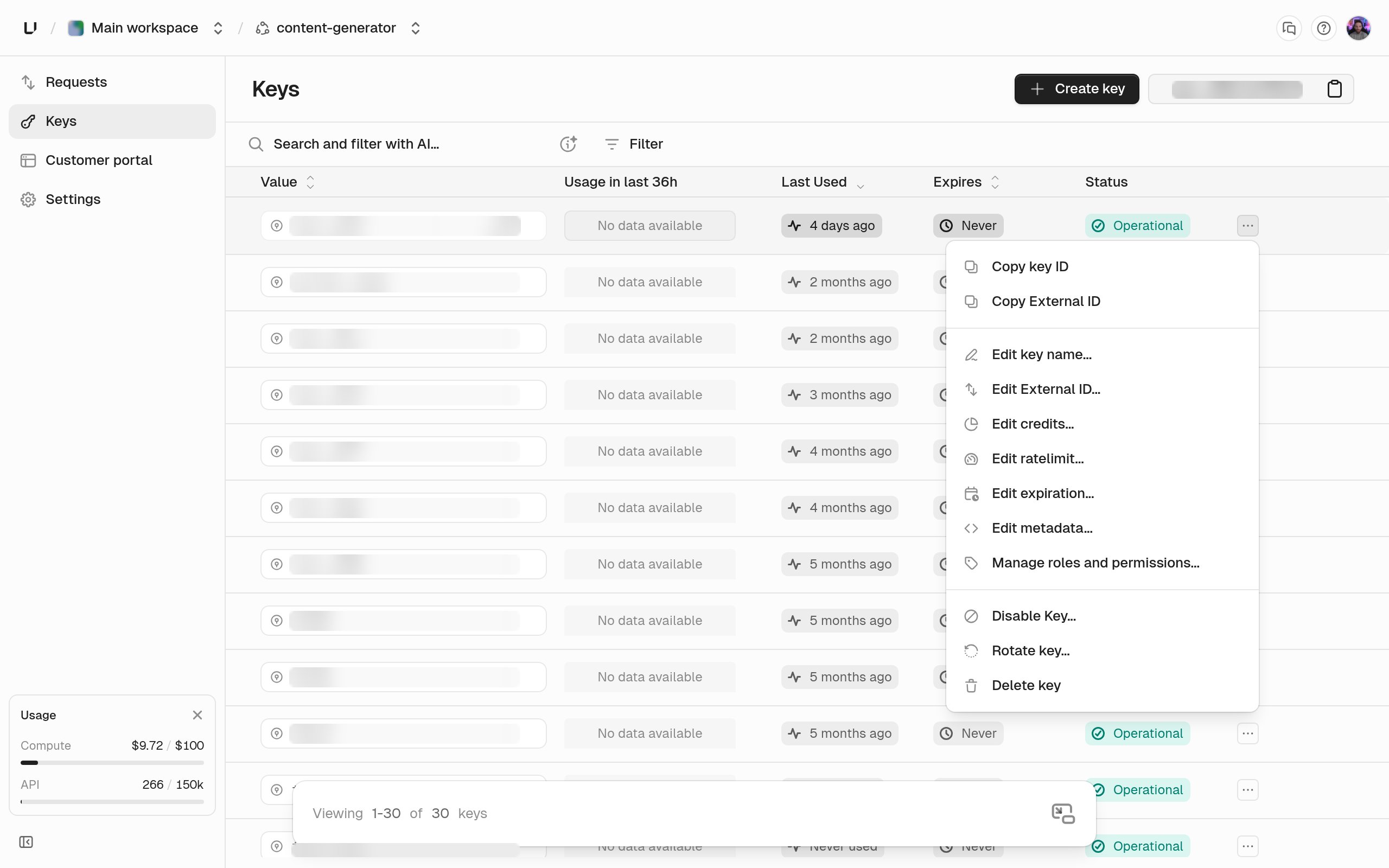 Keys tab with a key's actions menu open, including Disable Key, Rotate key, and Delete key