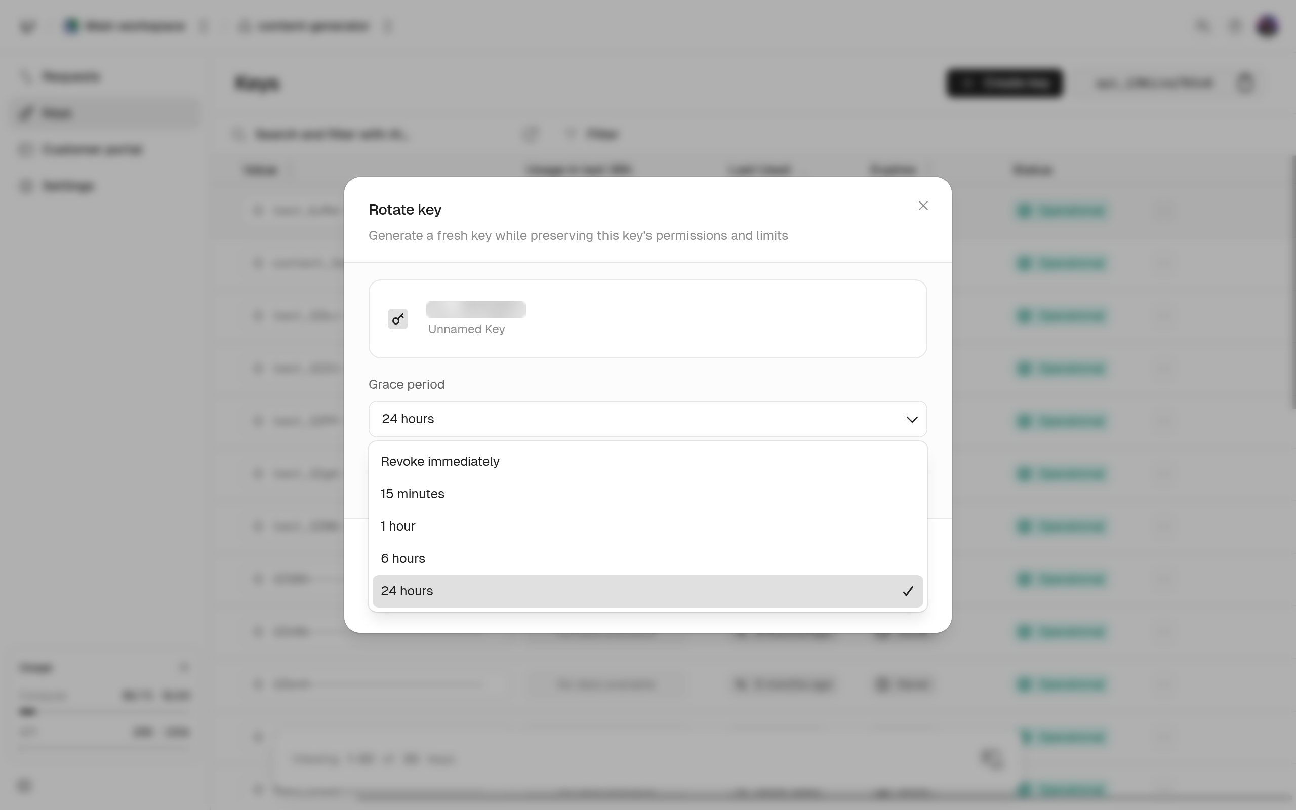 Rotate key dialog with the grace period dropdown open, from Revoke immediately to 24 hours