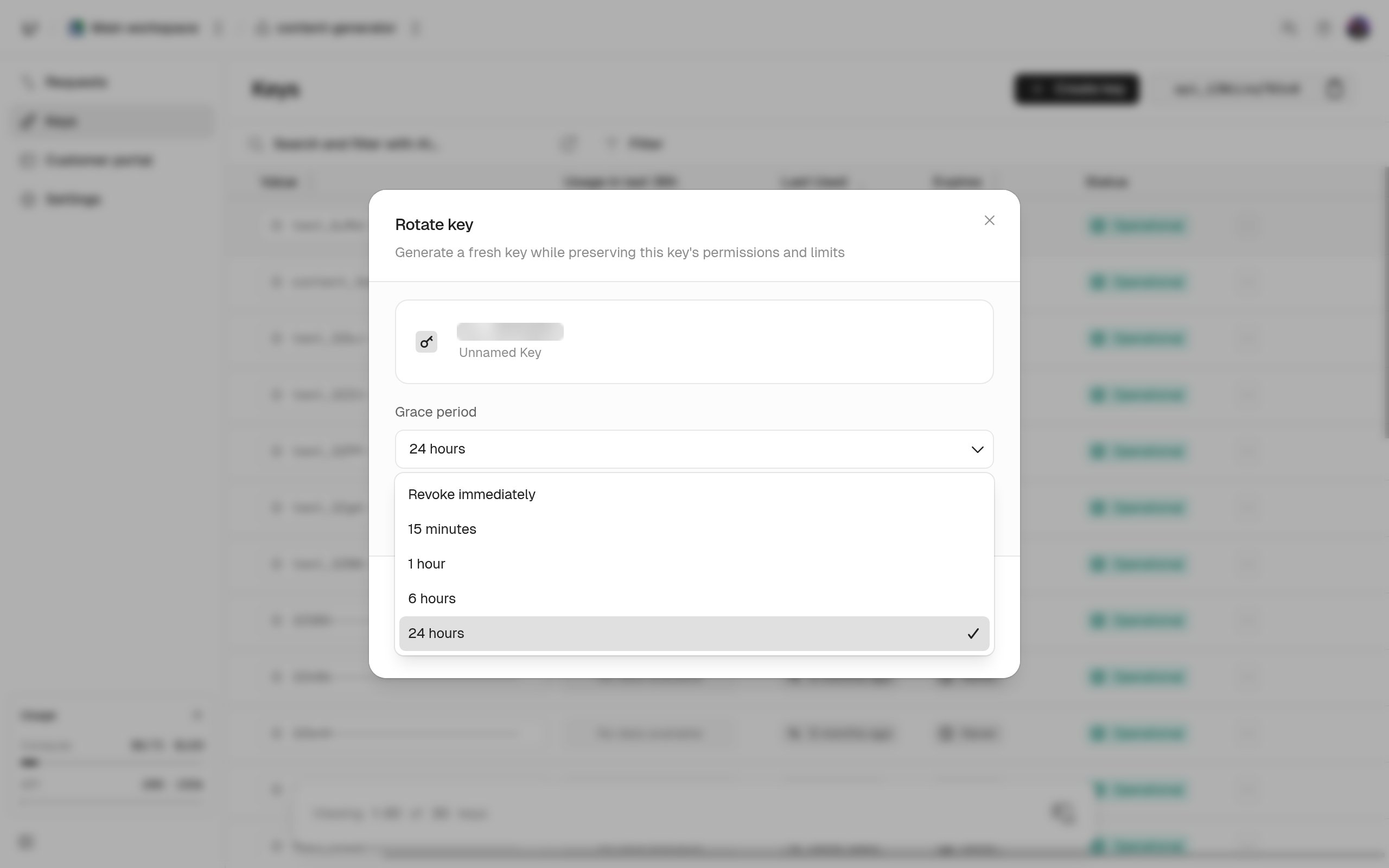 Rotate key dialog with the grace period dropdown open, from Revoke immediately to 24 hours