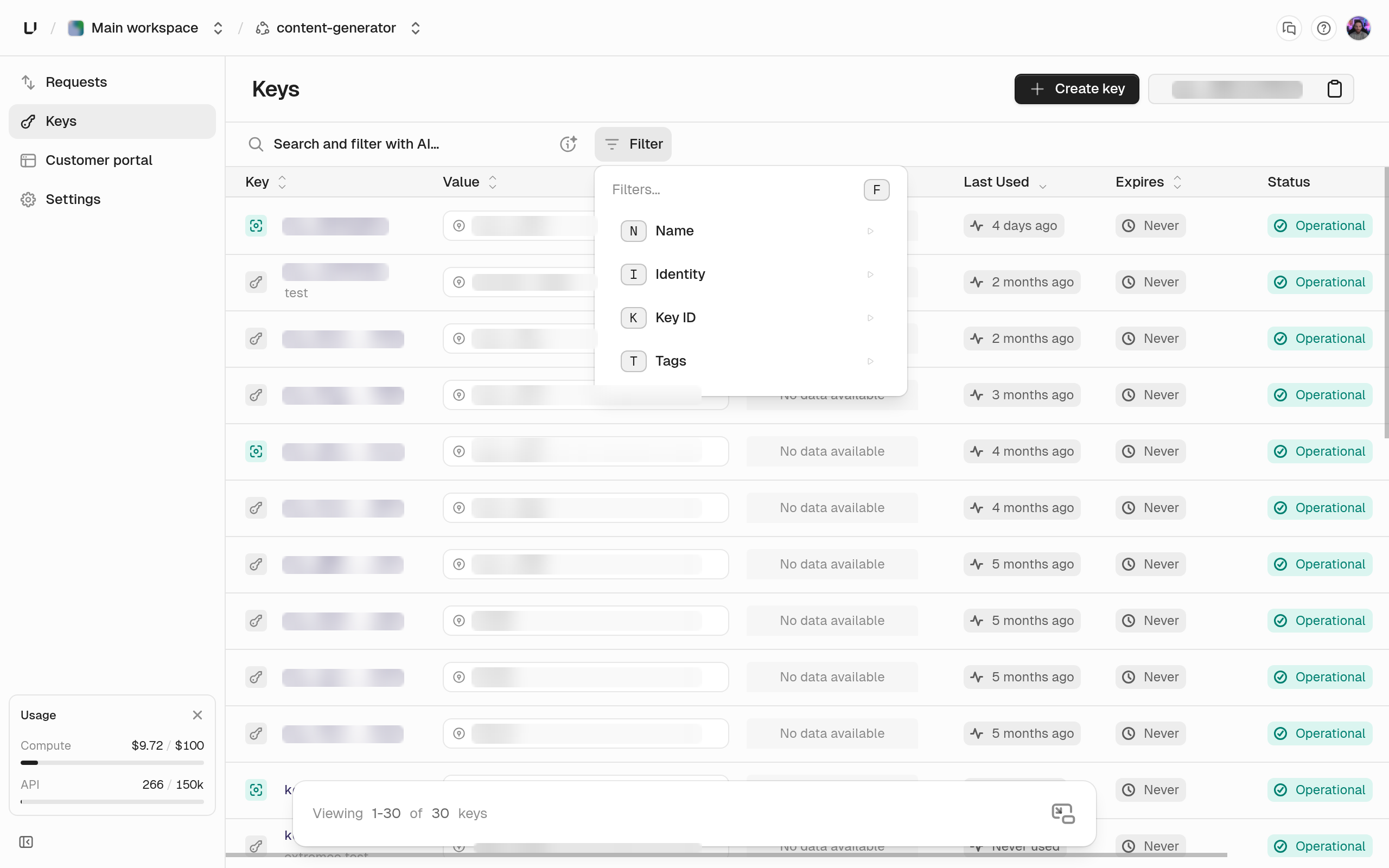 Keys tab with the filter menu open, offering Name, Identity, Key ID, and Tags