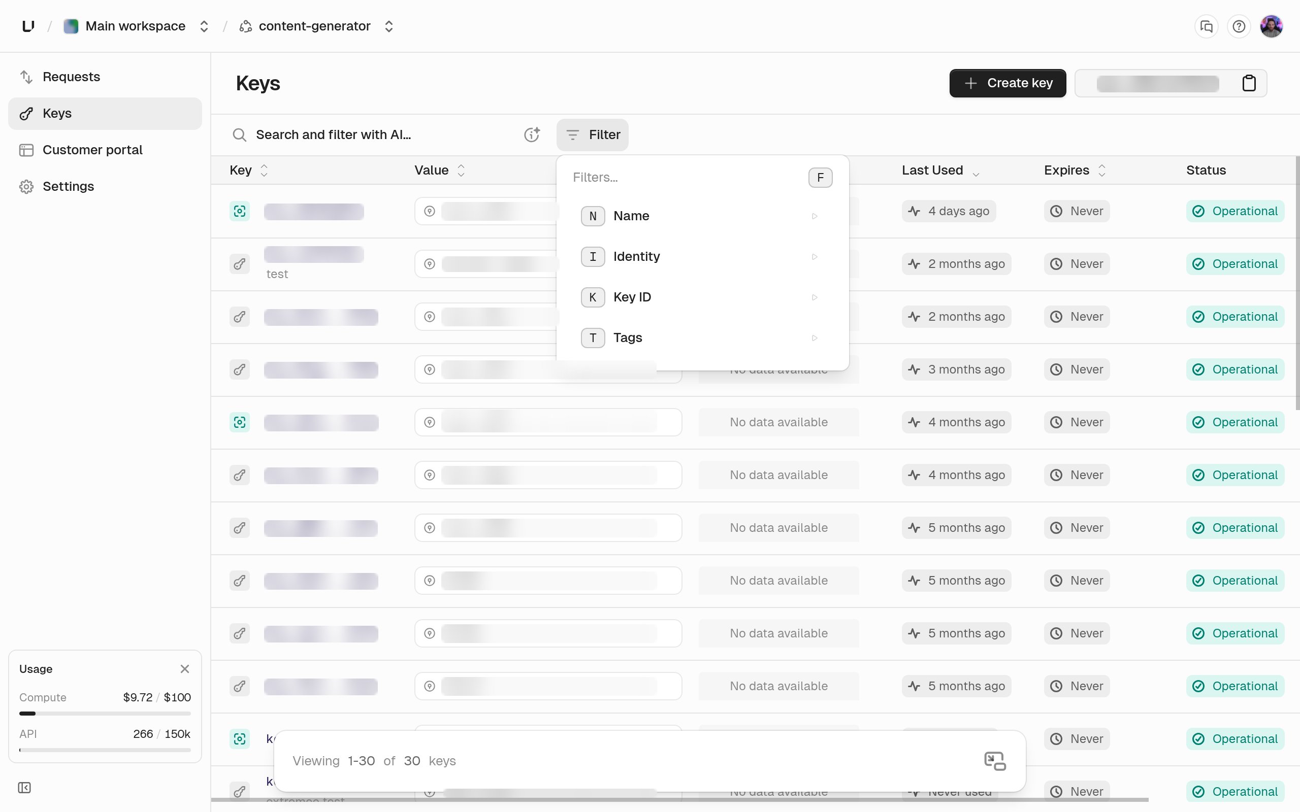 Keys tab with the filter menu open, offering Name, Identity, Key ID, and Tags