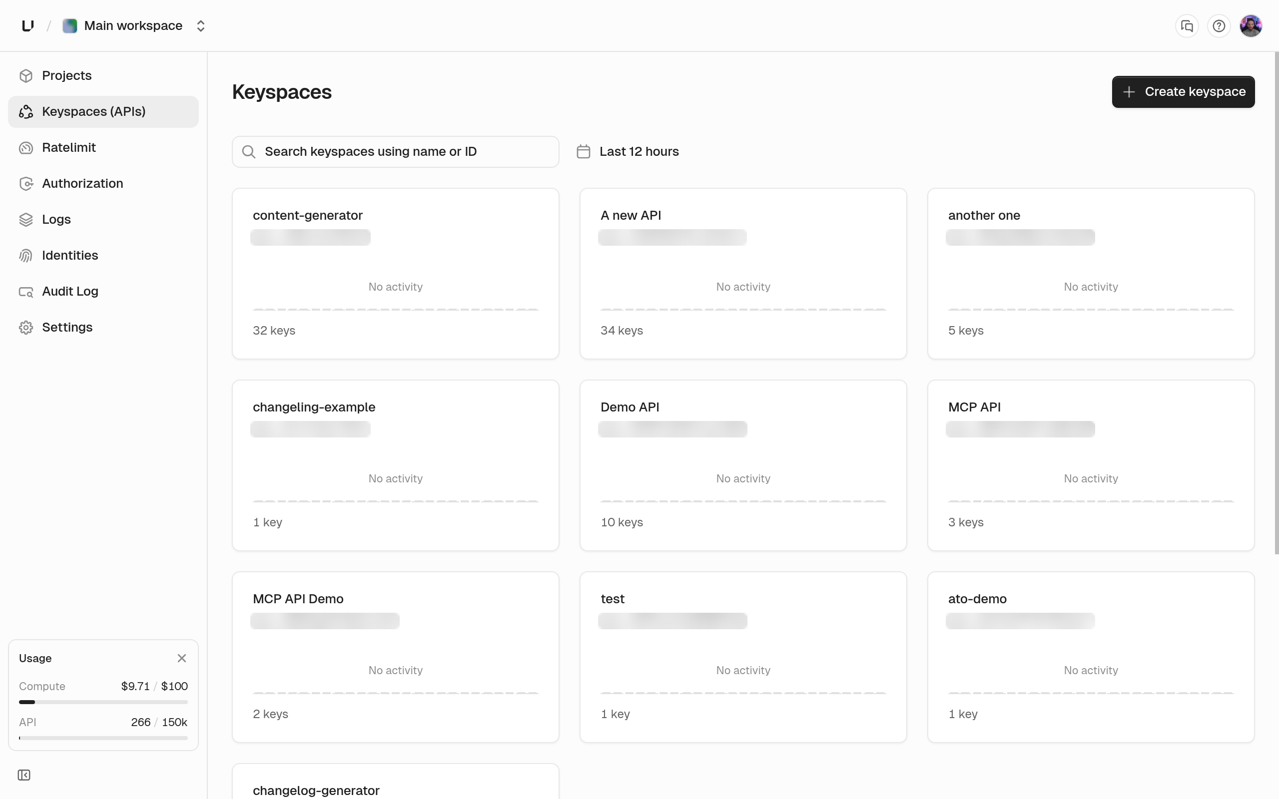 Keyspaces page showing keyspace cards with their key counts and the Create keyspace button