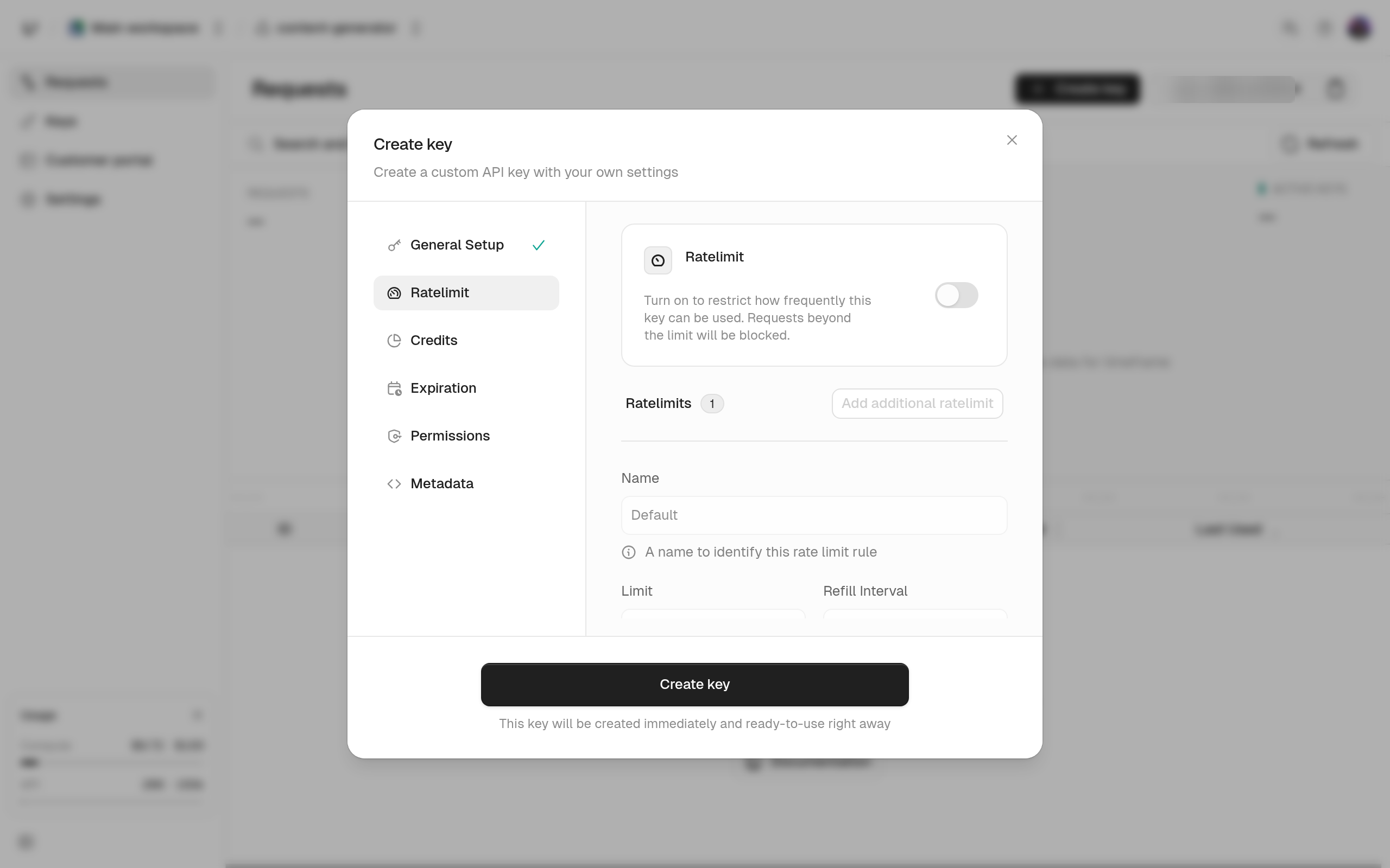 Create key dialog on the Ratelimit step with the ratelimit toggle and the name, limit, and refill interval fields