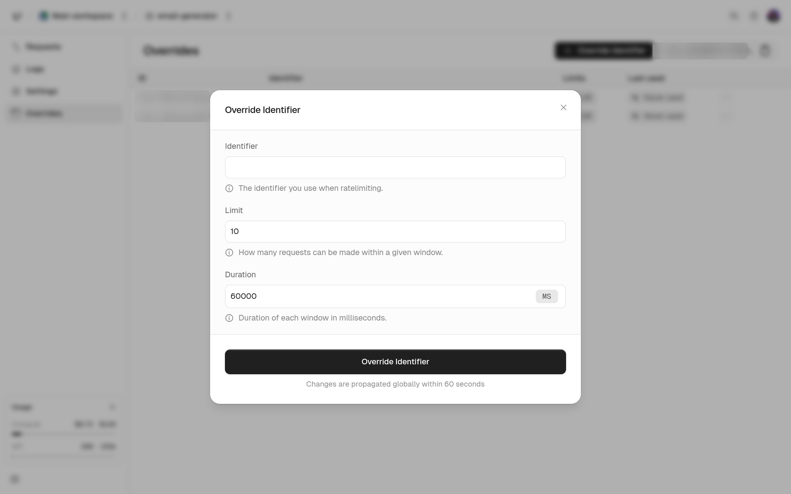 Override Identifier dialog with Identifier, Limit, and Duration fields