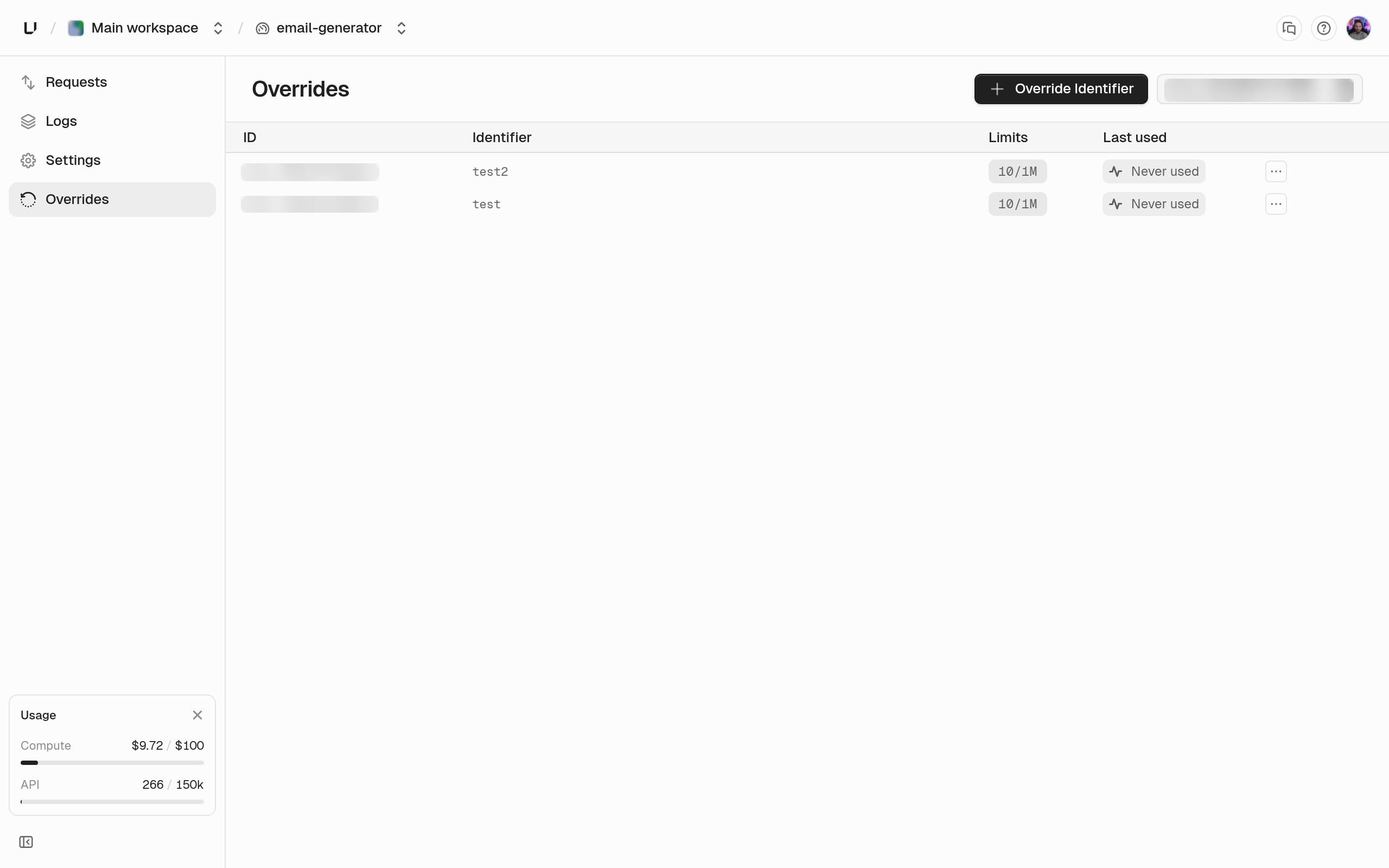 Ratelimit namespace Overrides page listing overrides by identifier with their limits, and an Override Identifier button