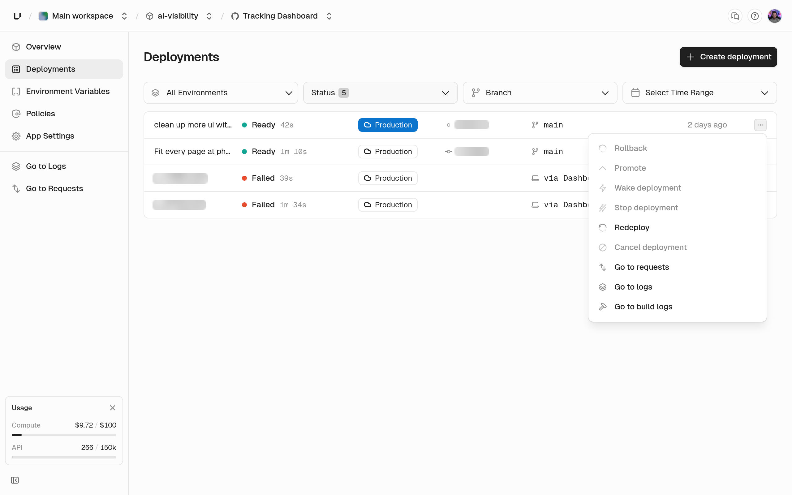 Deployments page listing deployments with status, environment, and branch, with one row's menu open showing Rollback, Promote, Redeploy, Cancel deployment, and links to requests, logs, and build logs