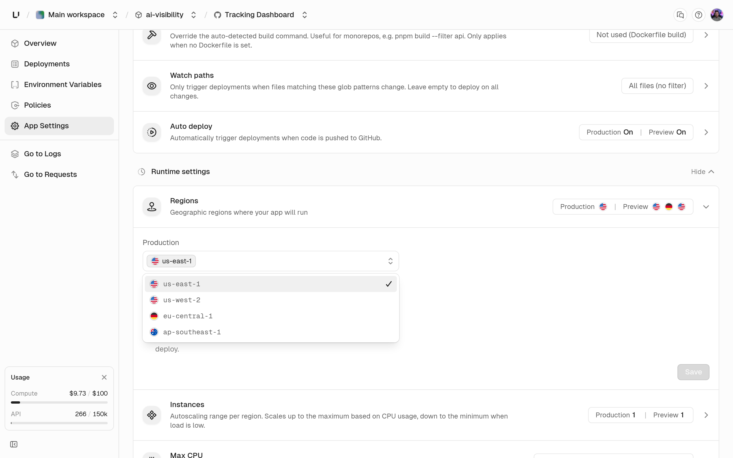 App Settings Regions control with the region dropdown open for one environment
