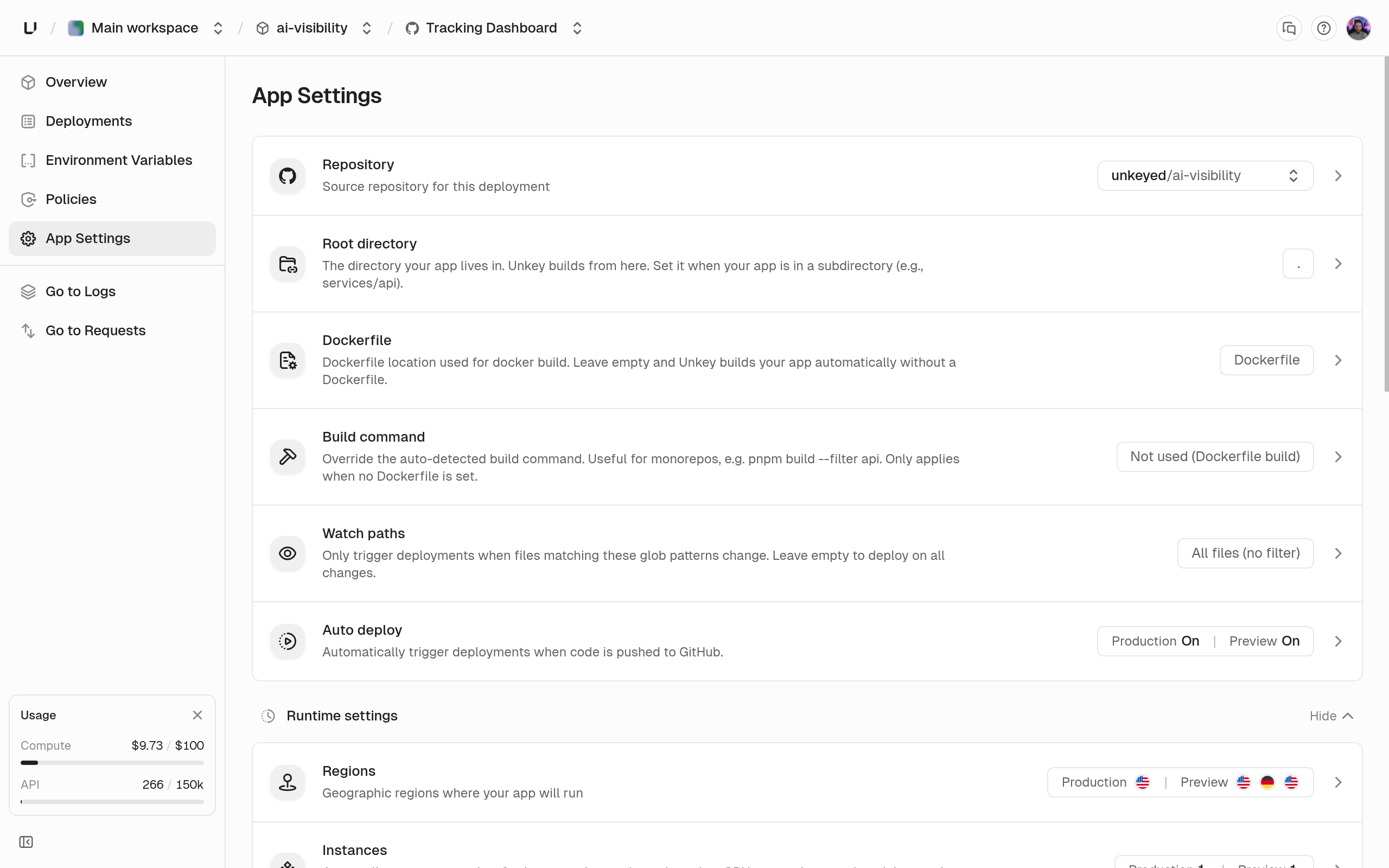 App Settings build section showing repository, root directory, Dockerfile, build command, watch paths, and auto deploy